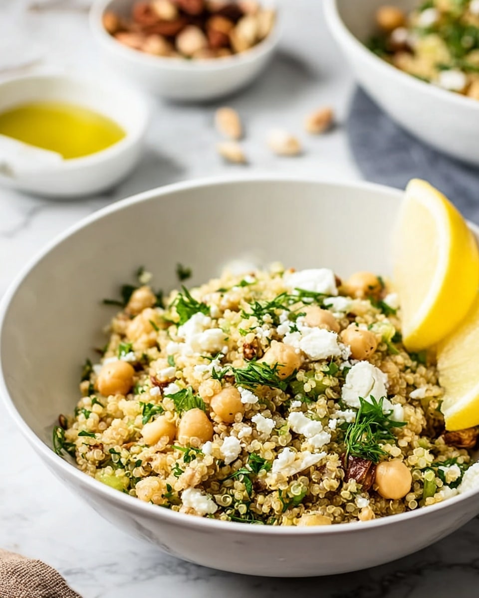 A white bowl filled with a salad made of light beige quinoa mixed with small green parsley pieces, beige chickpeas, and white crumbly cheese sprinkled on top. There are two lemon wedges leaning against the side inside the bowl. The bowl is placed on a white marbled surface. In the background, there is another white bowl with mixed nuts and a small white bowl filled with yellow oil. photo taken with an iphone --ar 4:5 --v 7