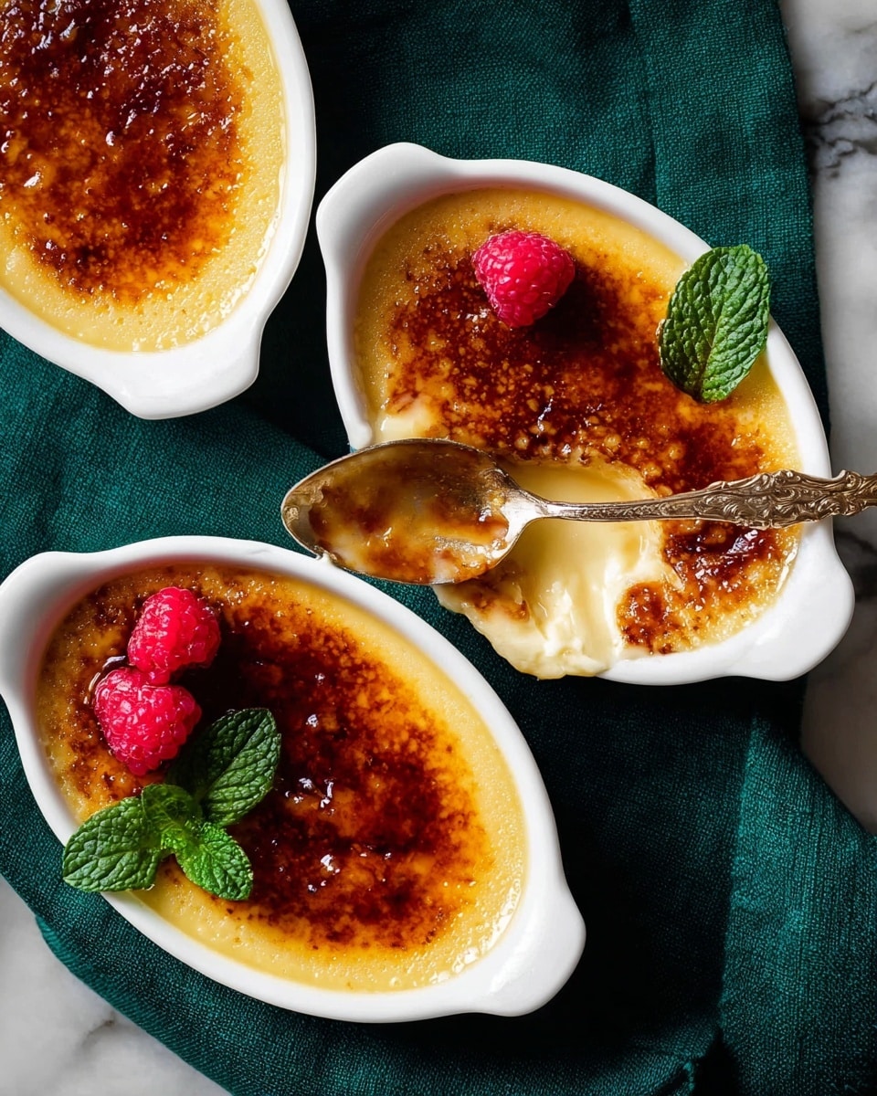 Three white oval dishes hold creamy yellow custard with a shiny, cracked brown caramel layer on top. Each dish is decorated with a small red raspberry and a green mint leaf placed near the edge. One dish has a spoon breaking through the caramel top, revealing the smooth custard below. The dishes rest on a dark green cloth, which contrasts with the white marbled surface underneath. The texture of the caramel is glossy and uneven, showing where it has been slightly melted or stirred. photo taken with an iphone --ar 4:5 --v 7