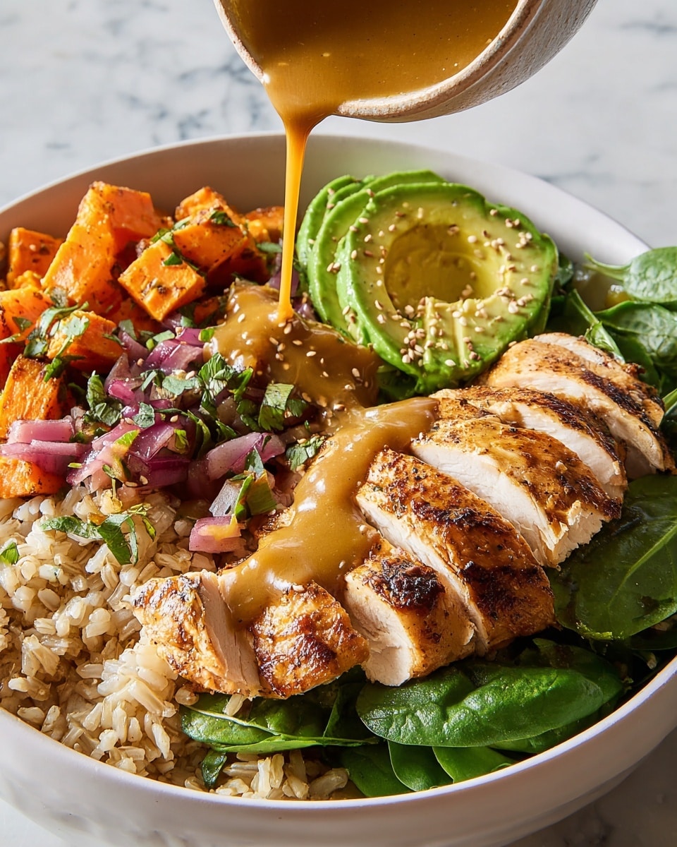 The image shows a white bowl filled with four main layers. At the bottom, there is a layer of light brown rice with visible grains. On one side, bright green fresh spinach leaves form a leafy bed. Next to the spinach is a colorful mix of roasted orange sweet potato cubes and small purple-red onions. On top of the rice, several pieces of browned, sliced chicken are arranged in a row. A woman's hand is pouring a golden brown sauce over the chicken. There are slices of light green avocado next to the chicken, sprinkled with sesame seeds and small bits of fresh herbs. The bowl sits on a white marbled surface. Photo taken with an iphone --ar 4:5 --v 7