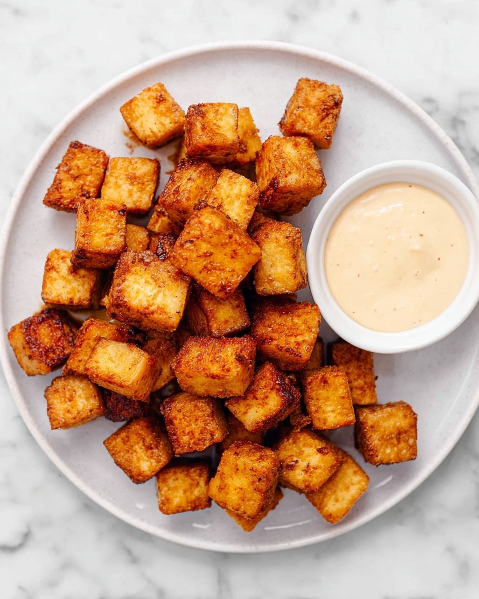 The image shows a white round plate filled with small golden brown cubes of fried tofu that have a crispy texture and are unevenly stacked. On the right side of the plate, there is a small white bowl with smooth, light beige dipping sauce. The plate sits on a white marbled surface. photo taken with an iphone --ar 4:5 --v 7