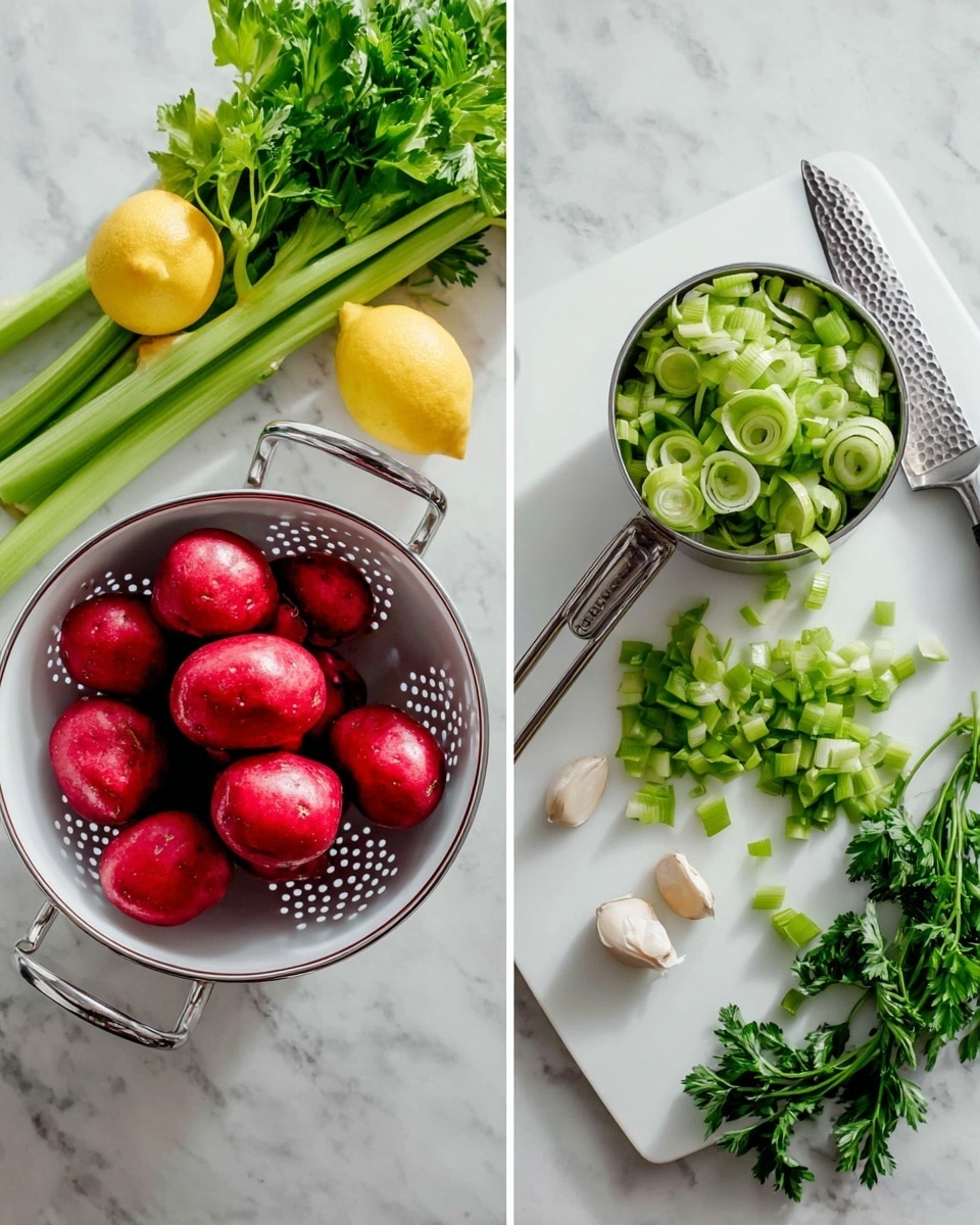 The image shows two parts on a white marbled surface. On the left, there is a white colander with silver handles filled with seven shiny red potatoes with smooth skin. Around the colander, there are fresh green celery stalks, green parsley, two half lemons showing their yellow inside, and two small white garlic cloves. On the right, a white cutting board holds a silver measuring cup filled with thin, light green ring slices of celery leaves. Next to it is a pile of chopped celery in small cubes and a bunch of chopped dark green parsley. A silver knife with a textured blade is on the top right corner of the cutting board. The scene looks fresh and clean, focused on fresh vegetables preparing for cooking. Photo taken with an iphone --ar 4:5 --v 7