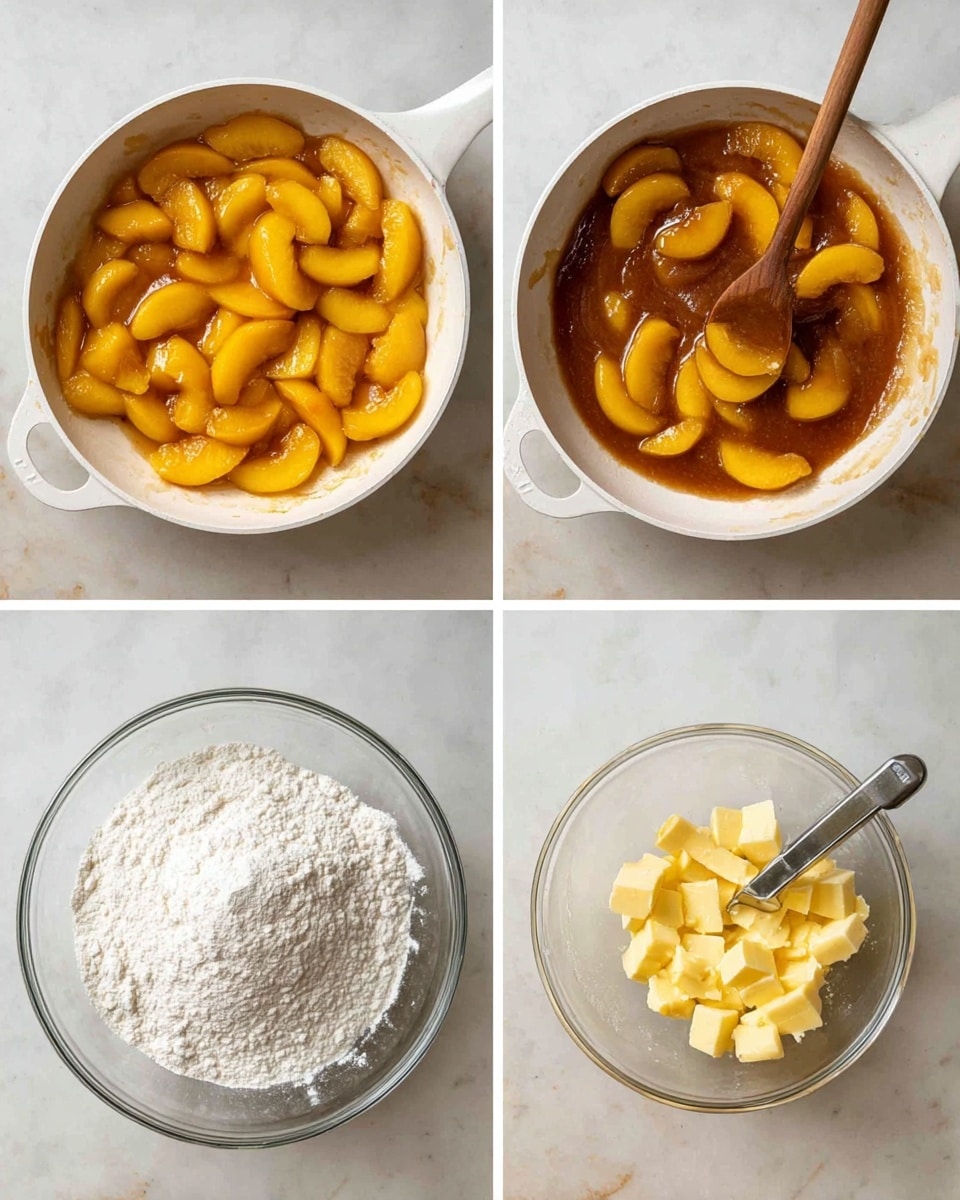 Four images show the process of making peach filling and dough on a white marbled surface. The top left image has a white skillet filled with yellow peach slices covered in shiny brown syrup. The top right image shows the same skillet with fewer peach slices, covered in thick syrup, and a wooden spoon stirring from the right side. The bottom left image has a clear glass bowl with white flour and a metal cutter inside it. The bottom right image shows the same bowl with small yellow butter pieces on top of the flour and the metal cutter still inside. photo taken with an iphone --ar 4:5 --v 7