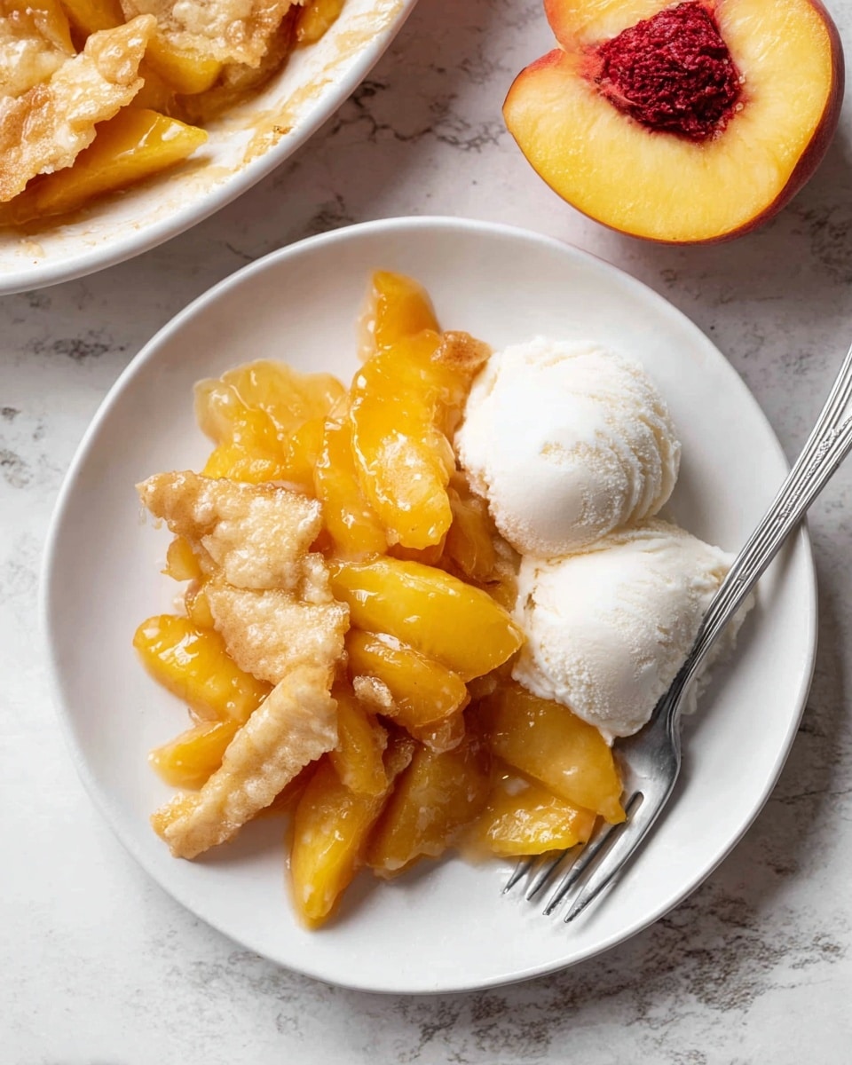 A white plate holds a peach dessert with two main layers. The bottom layer is made of soft, yellow-orange cooked peach slices that look juicy and shiny. On top of the peaches are golden-brown pieces of flaky crust that have a rough texture and look crisp. Next to the dessert on the plate are two smooth, round scoops of white vanilla ice cream. A silver fork rests on the right side of the plate, slightly pushed into the dessert. The plate sits on a white marbled surface with half a fresh peach nearby showing its yellow flesh and red pit. photo taken with an iphone --ar 4:5 --v 7