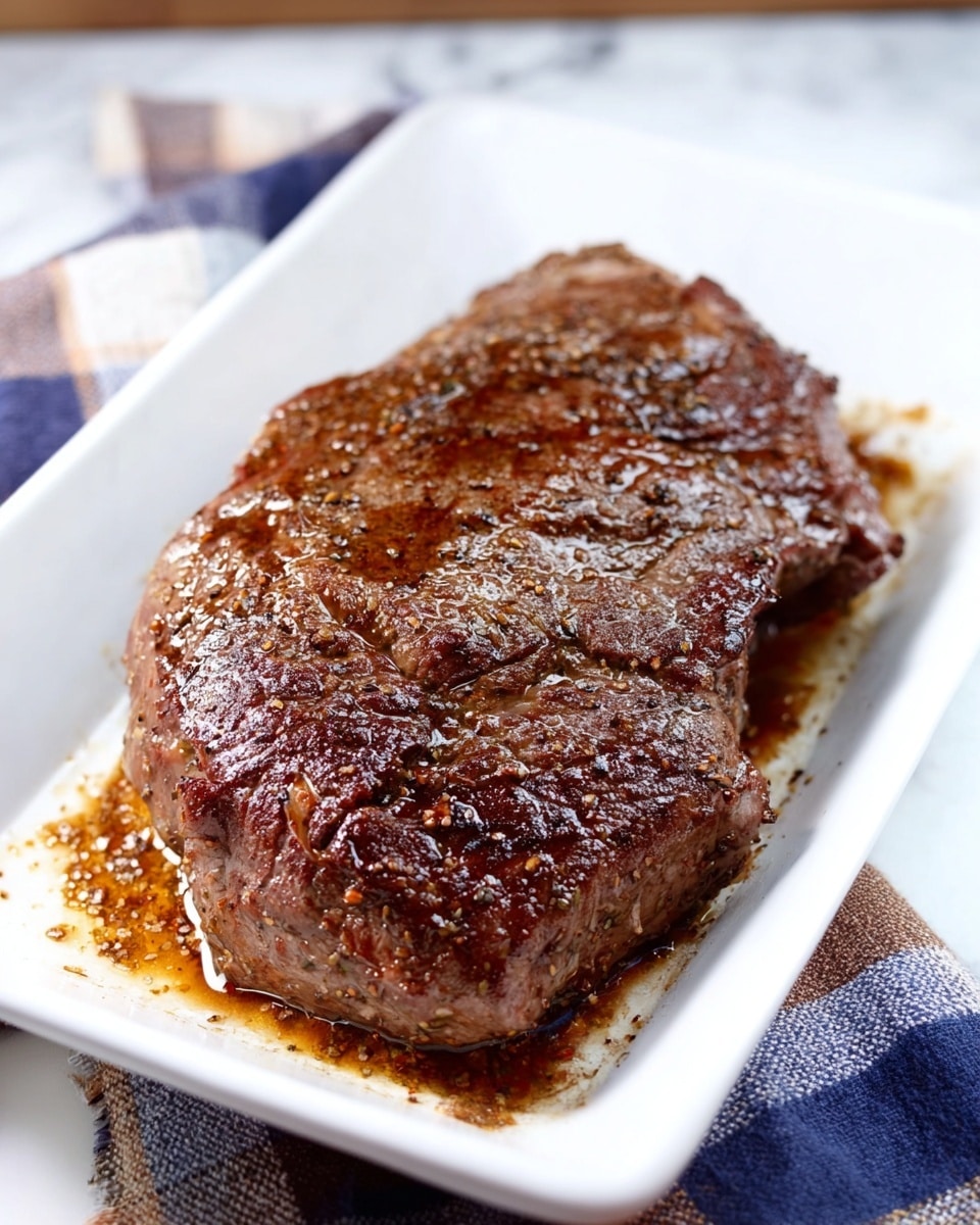A cooked steak with a rich brown color and a shiny, slightly oily surface is placed on a white rectangular dish. The steak has a textured, slightly rough outer layer with visible seasoning and juices collecting around its edges. The dish is set on a white marbled surface with a checkered cloth in soft blue, white, and brown tones partly visible in the background. The lighting highlights the moist, tender look of the meat, enhancing its savory appeal photo taken with an iphone --ar 4:5 --v 7