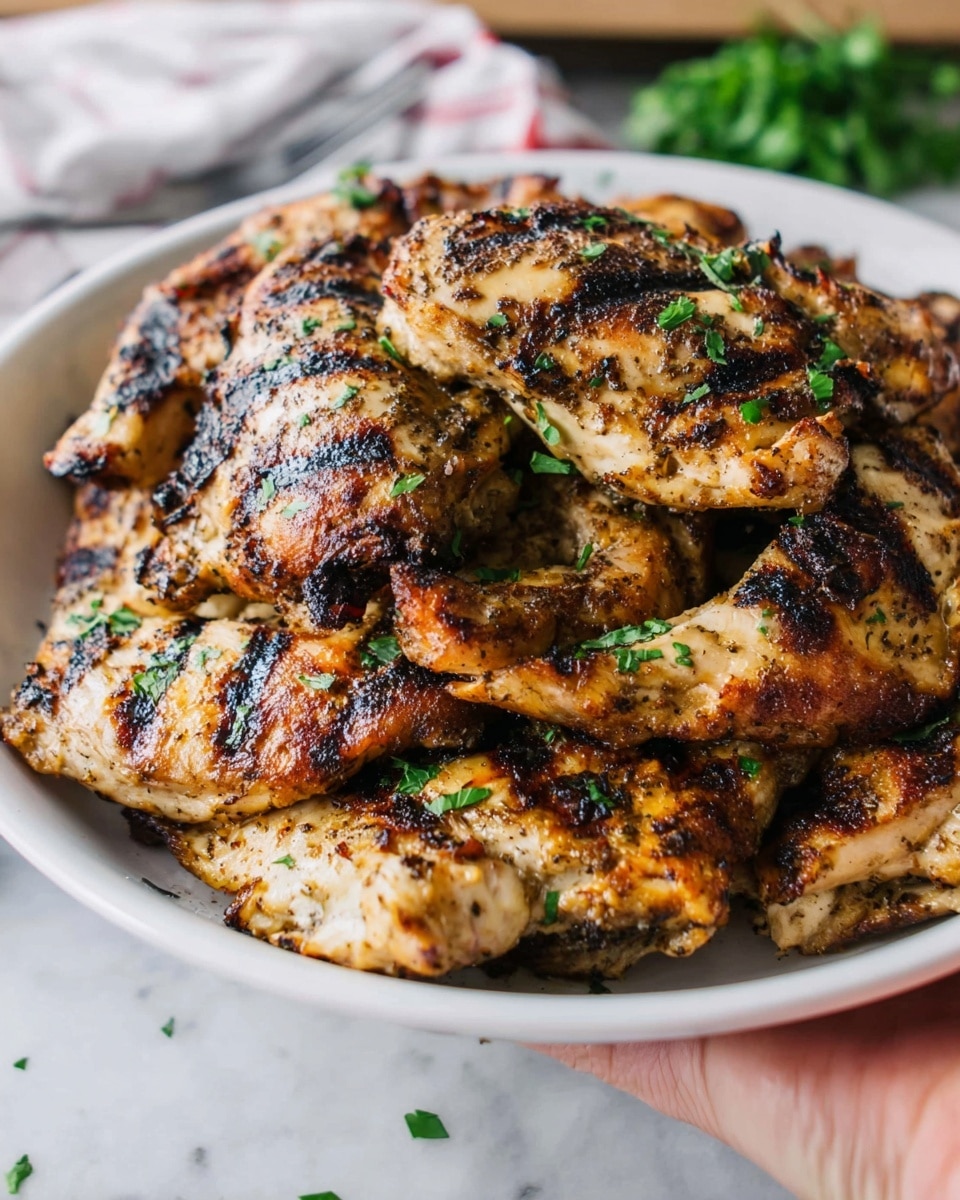 The image shows a white plate full of grilled chicken pieces. The chicken skin is golden brown with visible black grill marks, and it is sprinkled lightly with chopped green herbs on top. The chicken pieces are stacked closely together, creating a layered look with crispy, textured surfaces. The plate sits on a white marbled surface with some loose herb pieces scattered around. A woman's hand is gently holding the edge of the plate. Photo taken with an iphone --ar 4:5 --v 7