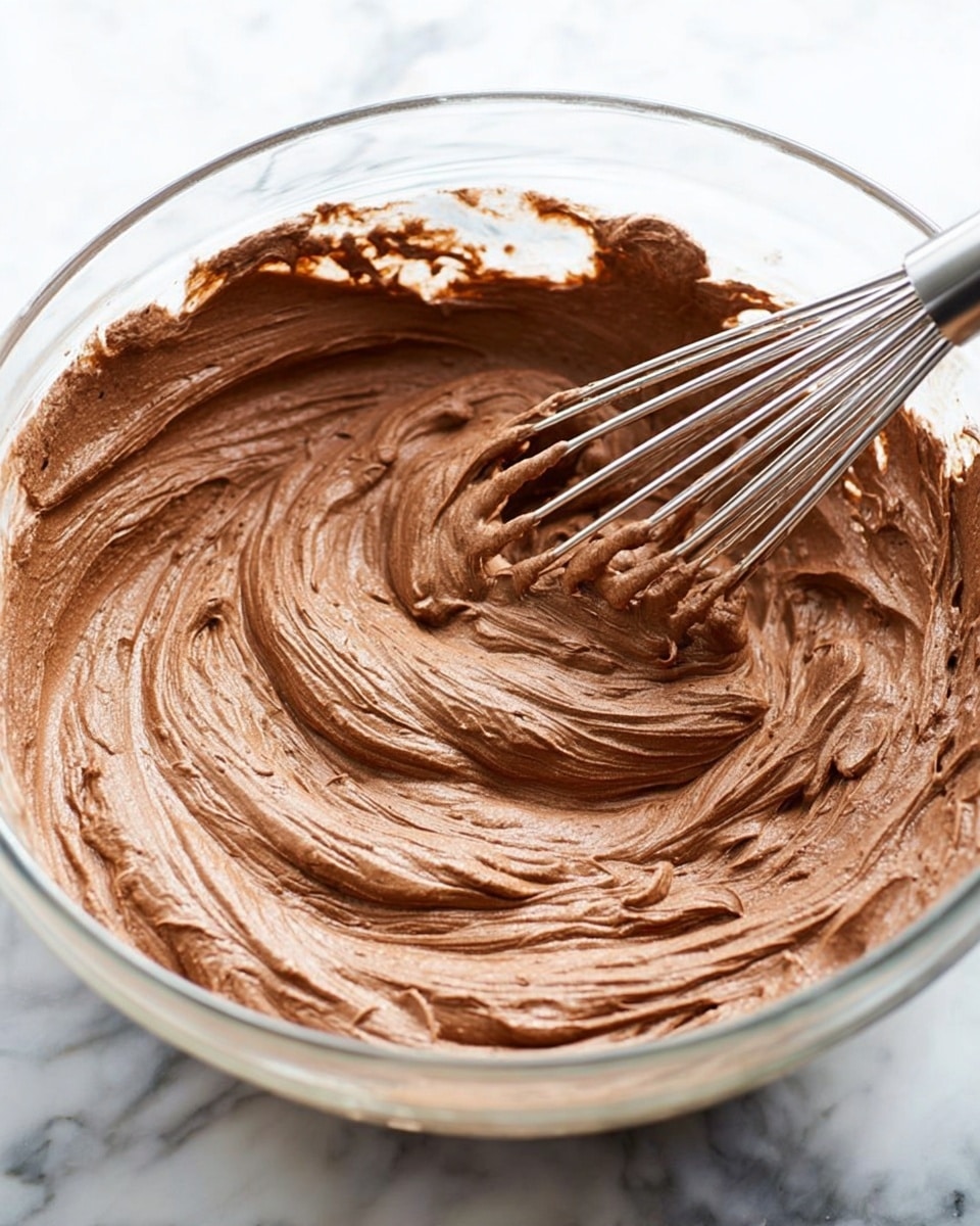A large clear glass bowl sits on a white marbled surface, filled with smooth, light brown chocolate mousse mixture that has been whipped to a fluffy texture. The mousse has thick, creamy peaks and ridges, with some areas showing swirl marks from mixing. A shiny stainless steel whisk is resting in the mousse, its thin wires coated in the chocolate mixture. The mousse fills most of the bowl, with some mousse spread unevenly on the inside walls of the bowl. Photo taken with an iphone --ar 4:5 --v 7
