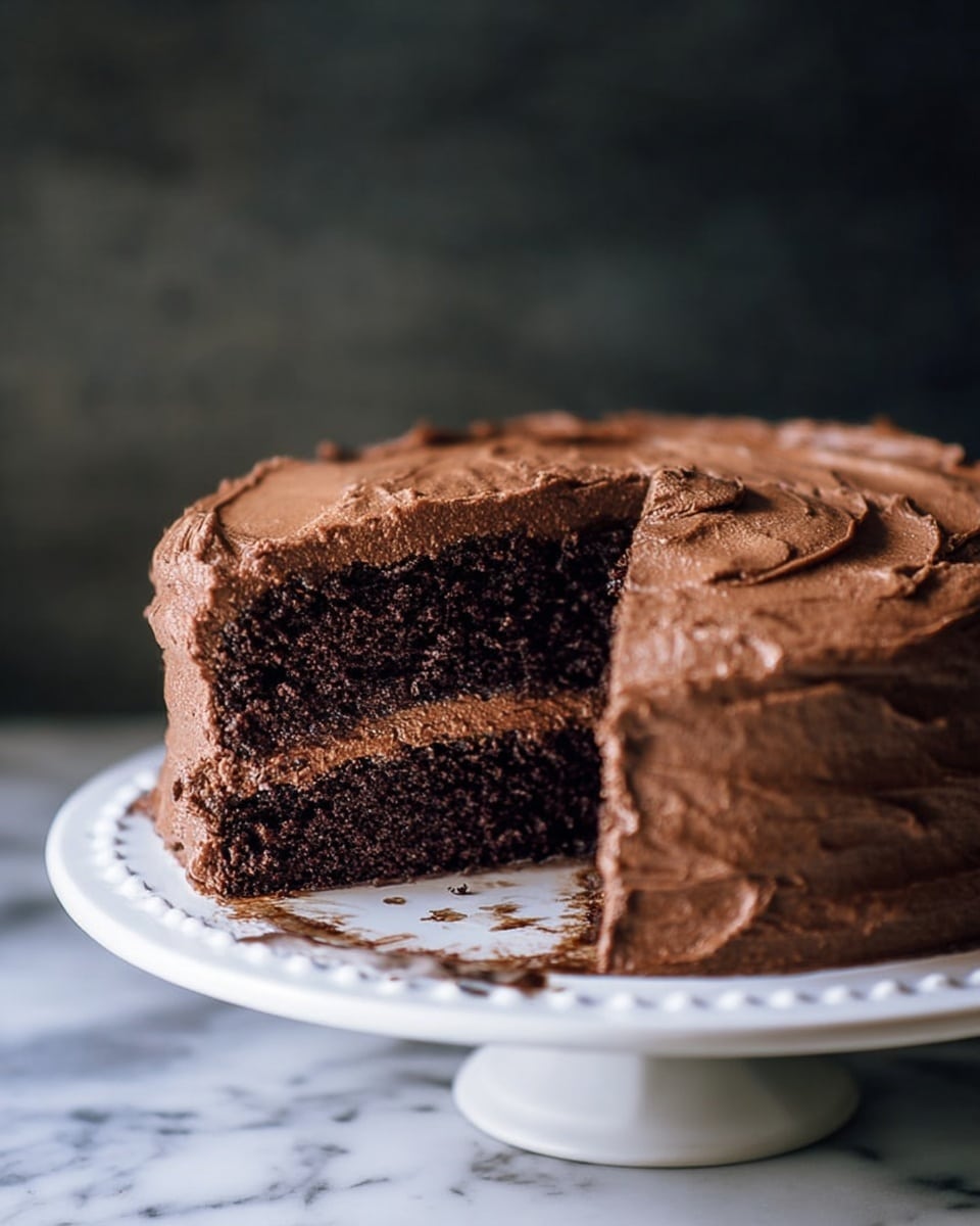 A round chocolate cake with two dark brown layers and thick light brown chocolate frosting between and all around the cake. One slice of the cake is missing, showing the soft, moist texture inside. The cake sits on a white plate with small raised dots along the edge. The plate is on a white marbled surface with a dark blurry background, making the cake look rich and inviting. photo taken with an iphone --ar 4:5 --v 7