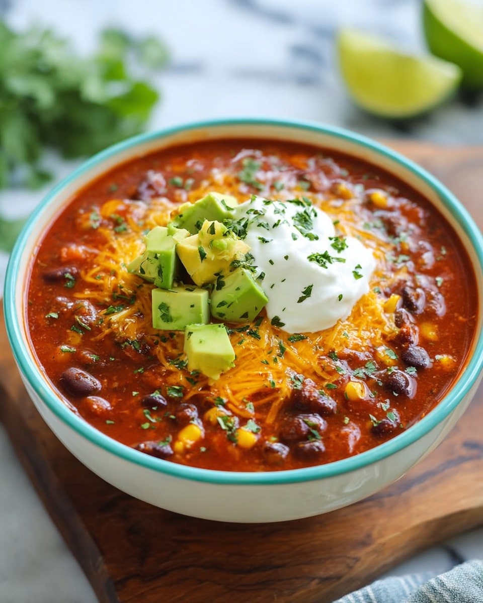 A bowl of thick red chili soup filled with black beans and corn is shown in a white bowl with a turquoise rim. On top of the chili, there is a layer of shredded orange cheese, small green avocado cubes, and a dollop of white sour cream sprinkled with chopped green herbs. The bowl rests on a wooden board with a white marbled texture background, and a half lime and some green leaves can be seen slightly blurred in the background. Photo taken with an iphone --ar 4:5 --v 7