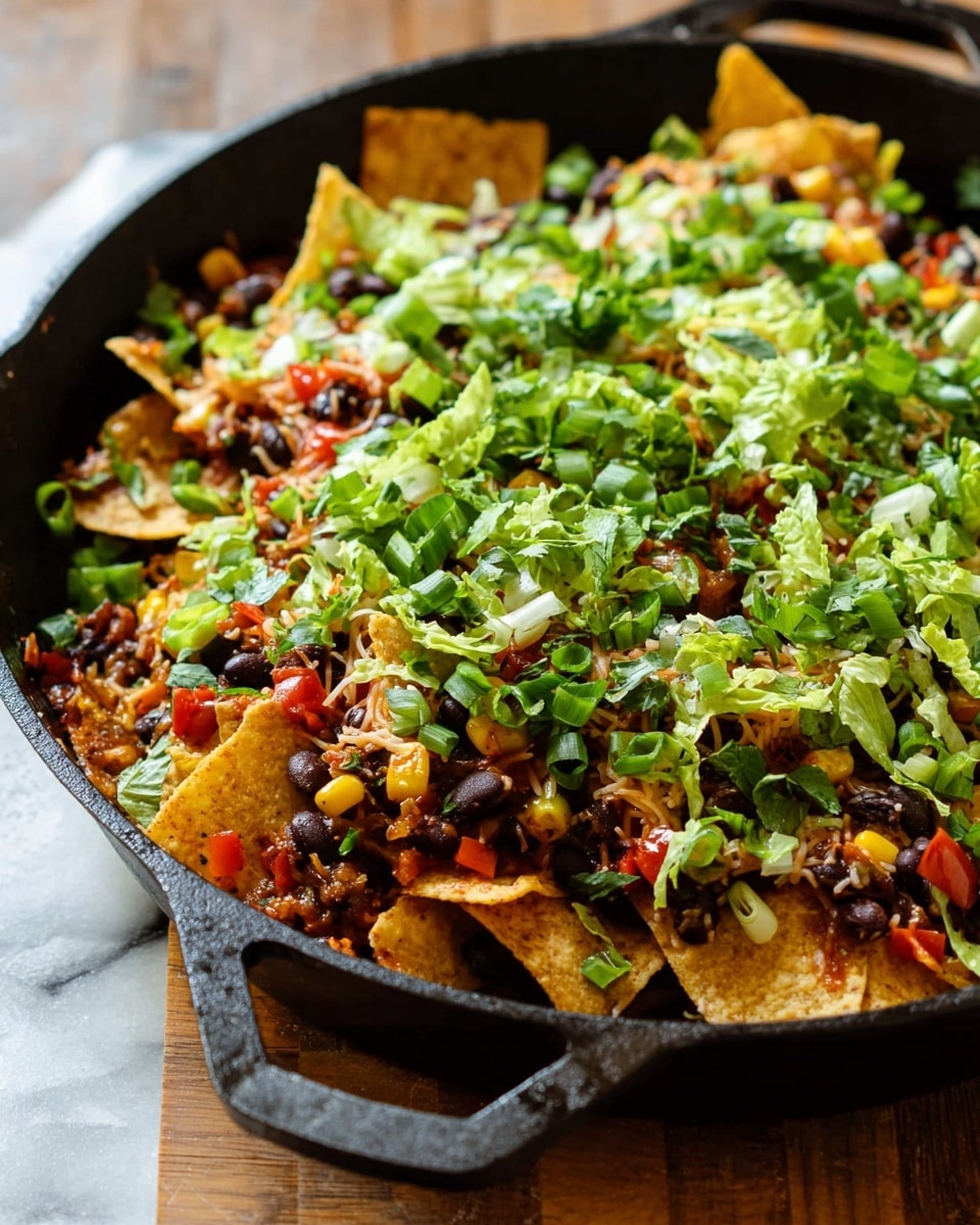 A close-up of a black cast iron pan filled with multiple layers of nachos, starting with a base of yellow corn chips and black beans, mixed with bits of red and yellow bell peppers and corn kernels. On top, there is a scattering of melted shredded cheese peeking through. The nachos are covered with a generous layer of shredded green lettuce and chopped green onions, adding fresh green tones. The pan is placed on a wooden surface, but the background should be imagined as white marbled texture. Photo taken with an iphone --ar 4:5 --v 7