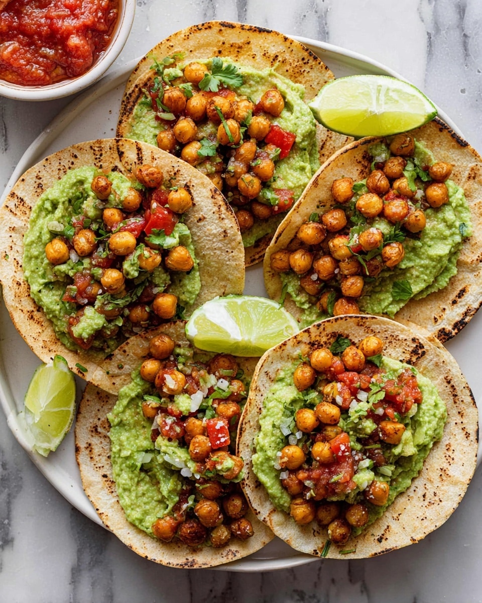 Five small browned tortillas are arranged on a white plate over a white marbled surface. Each tortilla has a base layer of bright green sauce with a smooth texture. On top of the sauce, there are roasted chickpeas scattered evenly, along with diced avocado pieces in light green color. Bright red salsa is spooned on top of the chickpeas and avocado, adding contrast. Half lime wedges with bright green skin and juicy inside are placed on two tortillas near the edges of the plate. In the upper left corner, a small white bowl filled with chunky red salsa is partly visible. The scene is lit naturally, showing crisp textures and vivid colors. photo taken with an iphone --ar 4:5 --v 7