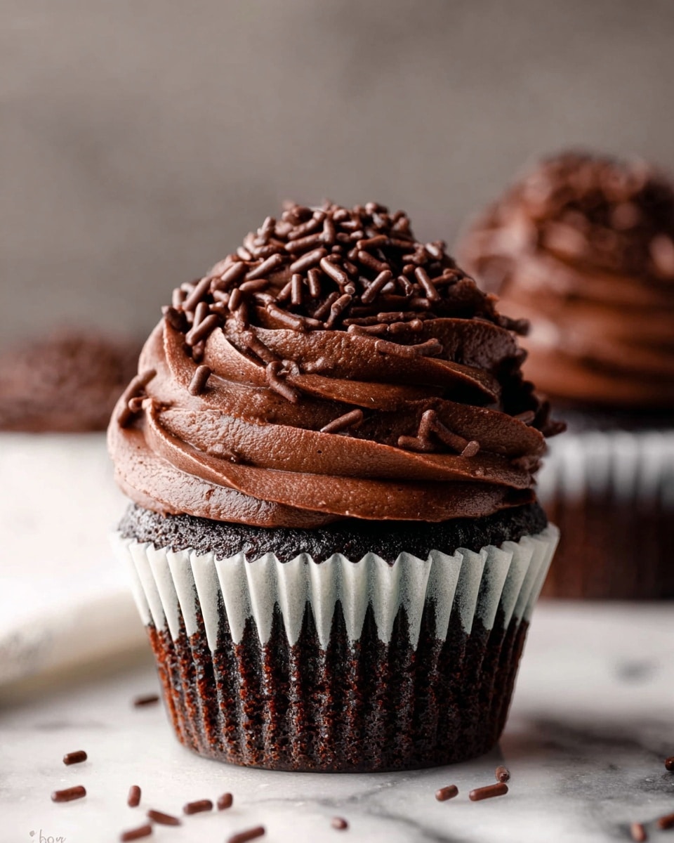 A close-up of a chocolate cupcake with two main layers: a dark, rich brown textured cake base visible at the bottom, and a tall, smooth swirl of chocolate frosting in a lighter brown on top. The frosting has a thick, creamy texture with tight swirls that rise to a peak in the center. Small, round, and stick-shaped dark brown chocolate sprinkles are scattered over the top layer. The cupcake liner is partially peeled away, showing the cake underneath. The background is a white marbled texture. photo taken with an iphone --ar 4:5 --v 7