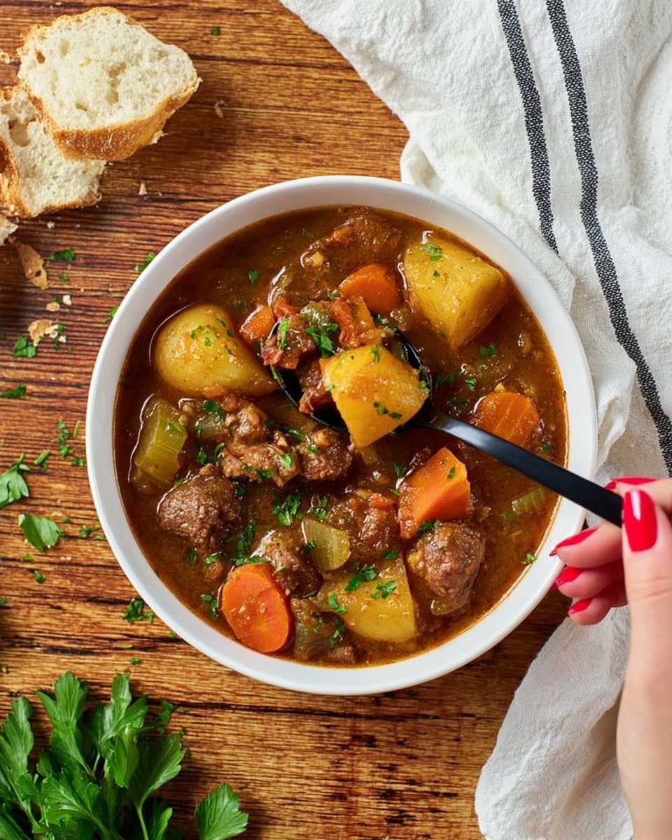 A white bowl filled with a thick stew showing three main layers: the bottom layer of dark brown broth, the middle layer with chunky pieces of brown meat mixed with large orange carrot pieces, and the top layer with large yellow potato chunks and light green celery pieces, all garnished with chopped green herbs. A black spoon lifts a bit of stew from the bowl. A woman's hand with red nail polish holds the spoon over the bowl. The bowl sits on a wooden surface with torn pieces of light bread and a white cloth with black stripes beside it. Green parsley leaves are visible on the right side. Photo taken with an iphone --ar 4:5 --v 7