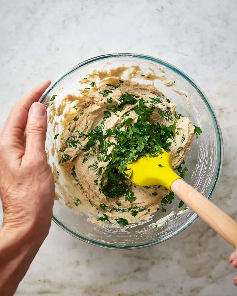 A clear glass bowl is placed on a white marbled surface. Inside the bowl, there are two main layers: a thick, light beige mixture that looks soft and creamy at the bottom and middle, and fresh, finely chopped bright green herbs scattered unevenly on top and mixed partially inside. A yellow spatula with a wooden handle is stirring the contents from the right side, and a woman's hand holds the bowl on the left side, steadying it. The scene shows motion in the spatula moving through the mix. Photo taken with an iphone --ar 4:5 --v 7