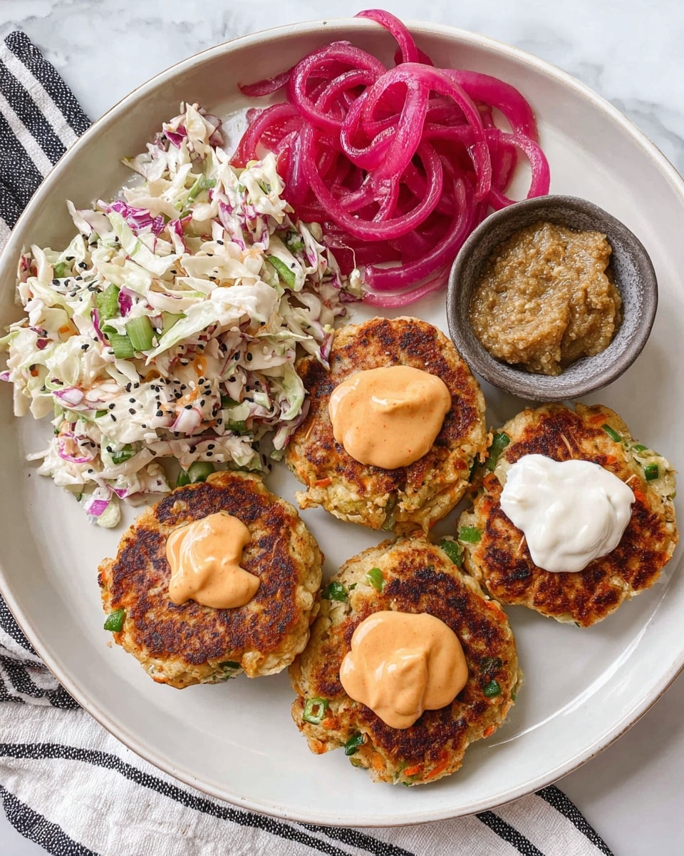 A white plate holds five round, golden-brown patties with green bits inside, each topped with a different sauce: two have a light orange creamy sauce, two have a thick white sauce, and one has a grainy brown mustard sauce. To the left on the plate, there is a pile of white, purple, and orange coleslaw with black specks, and above that, several curled rings of reddish-pink pickled onions. The plate sits on a white marbled surface with a white cloth with black stripes partially visible at the edge. Photo taken with an iphone --ar 4:5 --v 7