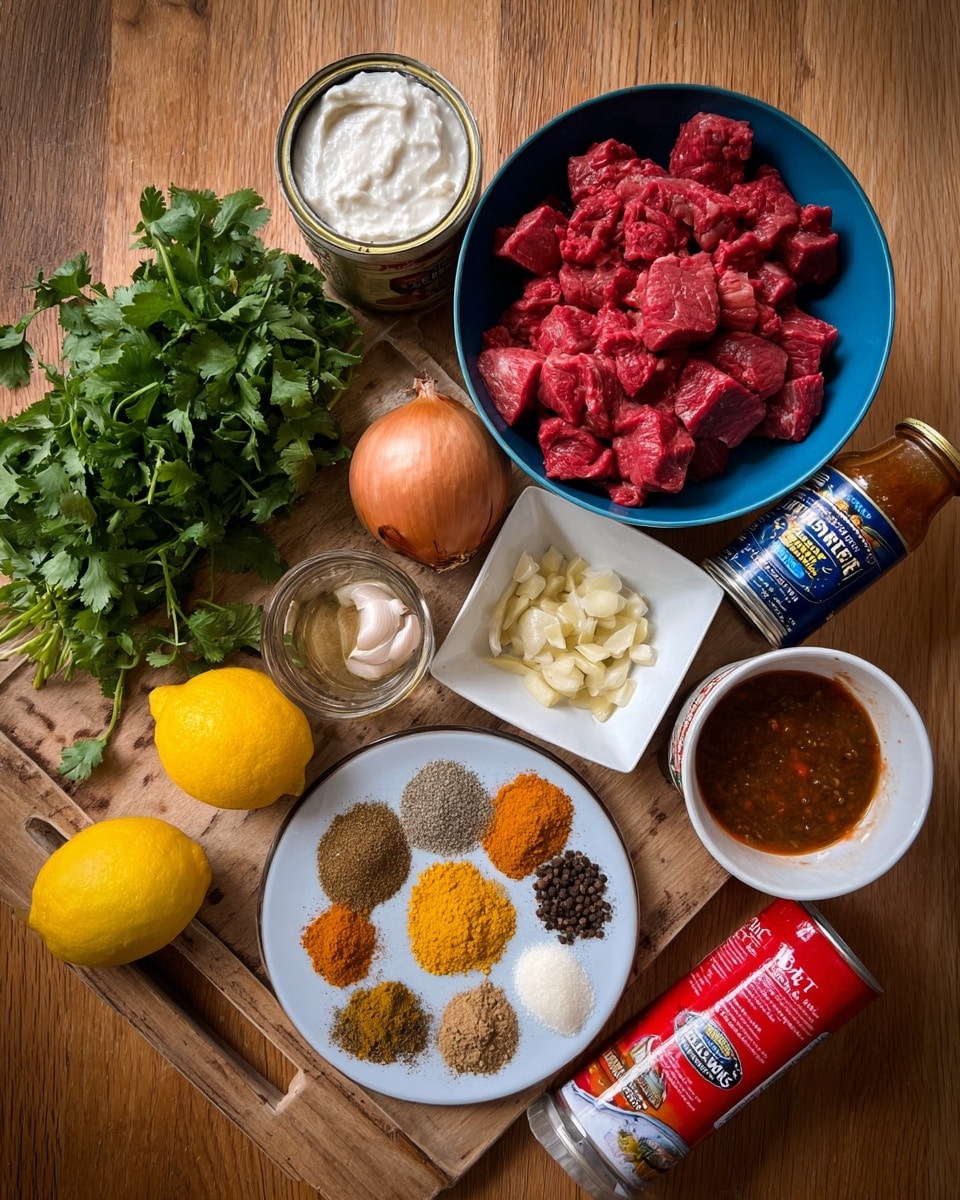The image shows a wooden board with a large bunch of fresh green cilantro on the left side, next to a whole yellow lemon and a brown onion placed close together. There is a white square dish with chopped garlic and ginger near the middle. In the center on a white round plate, there are multiple colorful spices including yellow turmeric, brown curry powder, black pepper, red chili, and others arranged separately. Above the board, there is a blue bowl filled with a white creamy ingredient, a round white bowl filled with raw red beef chunks, a small white bowl with more spices, a can of chopped tomatoes with a blue label, a glass jar with dark liquid, and a red tube of tomato puree placed near the front. All items are placed on a wooden surface. photo taken with an iphone --ar 4:5 --v 7
