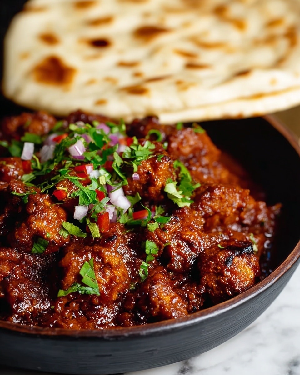The dish shows a close-up of small, round pieces of food covered in thick, dark reddish-brown sauce with a chunky texture. Scattered on top are small green leaves and finely chopped red and white pieces, likely herbs and onions. In the background, there is a soft, folded flatbread with light brown toasted spots. The dish is placed in a dark bowl sitting on a white marbled surface. Photo taken with an iphone --ar 4:5 --v 7