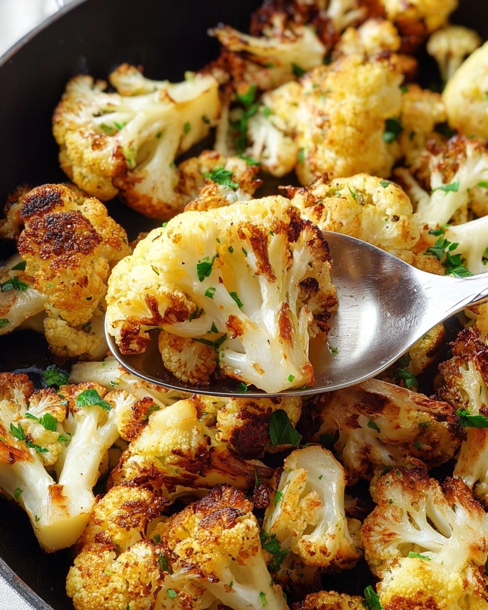 The image shows a close-up of roasted cauliflower pieces in a black pan, with crispy browned edges and a golden color. The cauliflower pieces are cut into thick florets with white and light yellow parts, sprinkled with small green parsley leaves for garnish. A silver spoon is scooping some pieces from the pan, highlighting the texture and crispiness of the roasted cauliflower. The black pan contrasts well with the golden cauliflower and the scattered green herbs. The photo has bright, natural lighting that emphasizes the details of the roasted vegetables. Photo taken with an iphone --ar 4:5 --v 7