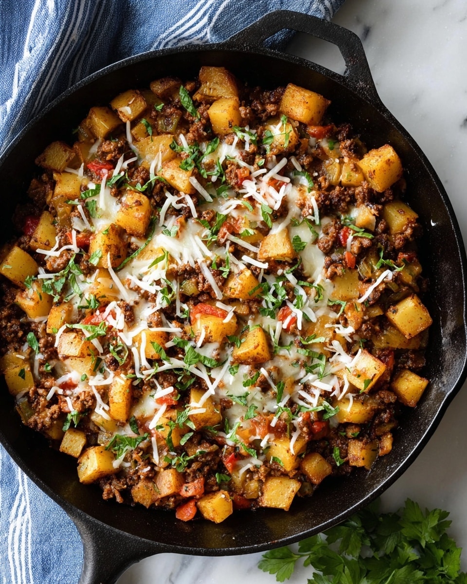 A close-up top view of a black cast iron skillet filled with a cooked dish made of small light brown cubes of potato mixed with dark brown browned ground meat pieces and small bits of red tomato. The dish is topped with scattered white shredded cheese and garnished with fresh green herbs. The skillet rests on a white marbled surface with a blue and white striped cloth nearby. photo taken with an iphone --ar 4:5 --v 7