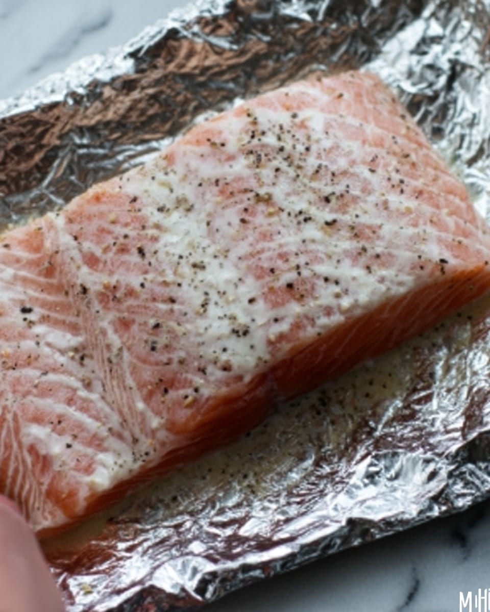 The image shows a raw piece of pale pink fish fillet on a shiny silver foil. The fillet has soft white lines running across it and is seasoned with small black and white specks of spices evenly spread on top. A woman's hand is gently holding the edge of the foil, lifting the fish slightly. The background is a white marbled surface. Photo taken with an iphone --ar 4:5 --v 7