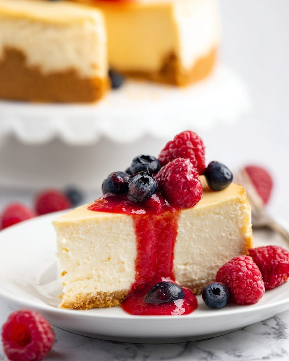 The image shows a close-up of a slice of cheesecake on a white plate, topped with bright red raspberry sauce that drips down the sides. The slice has a thick, creamy light yellow filling and a golden brown crust at the bottom. Fresh raspberries and blueberries sit on top of and around the slice, adding vivid red and dark blue colors. In the background, there is a blurred whole cheesecake on a white marbled surface. Photo taken with an iphone --ar 4:5 --v 7