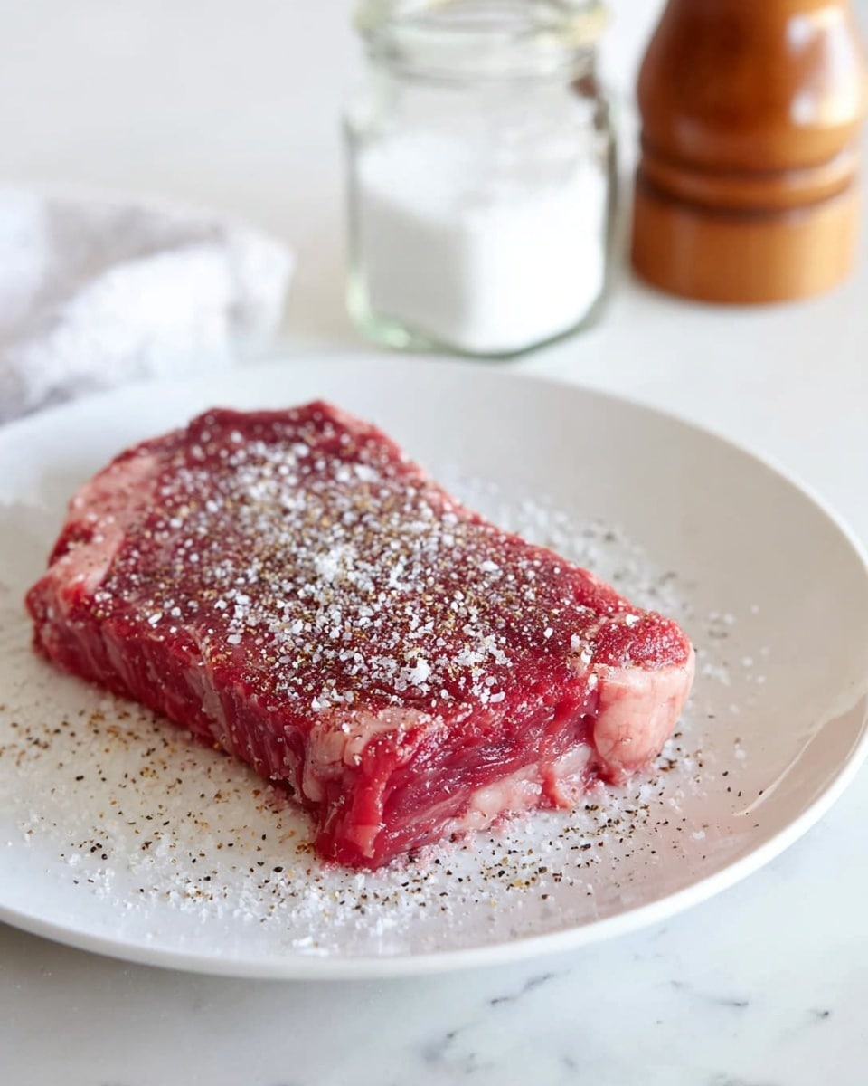 A raw red meat steak lies flat in the center of a white plate, covered evenly with a layer of coarse white salt and ground black pepper. The steak has visible marbling of fat around the edges and a slightly rough texture. The plate rests on a white marbled surface, with a clear glass jar of salt and a wooden pepper grinder blurred in the background. photo taken with an iphone --ar 4:5 --v 7