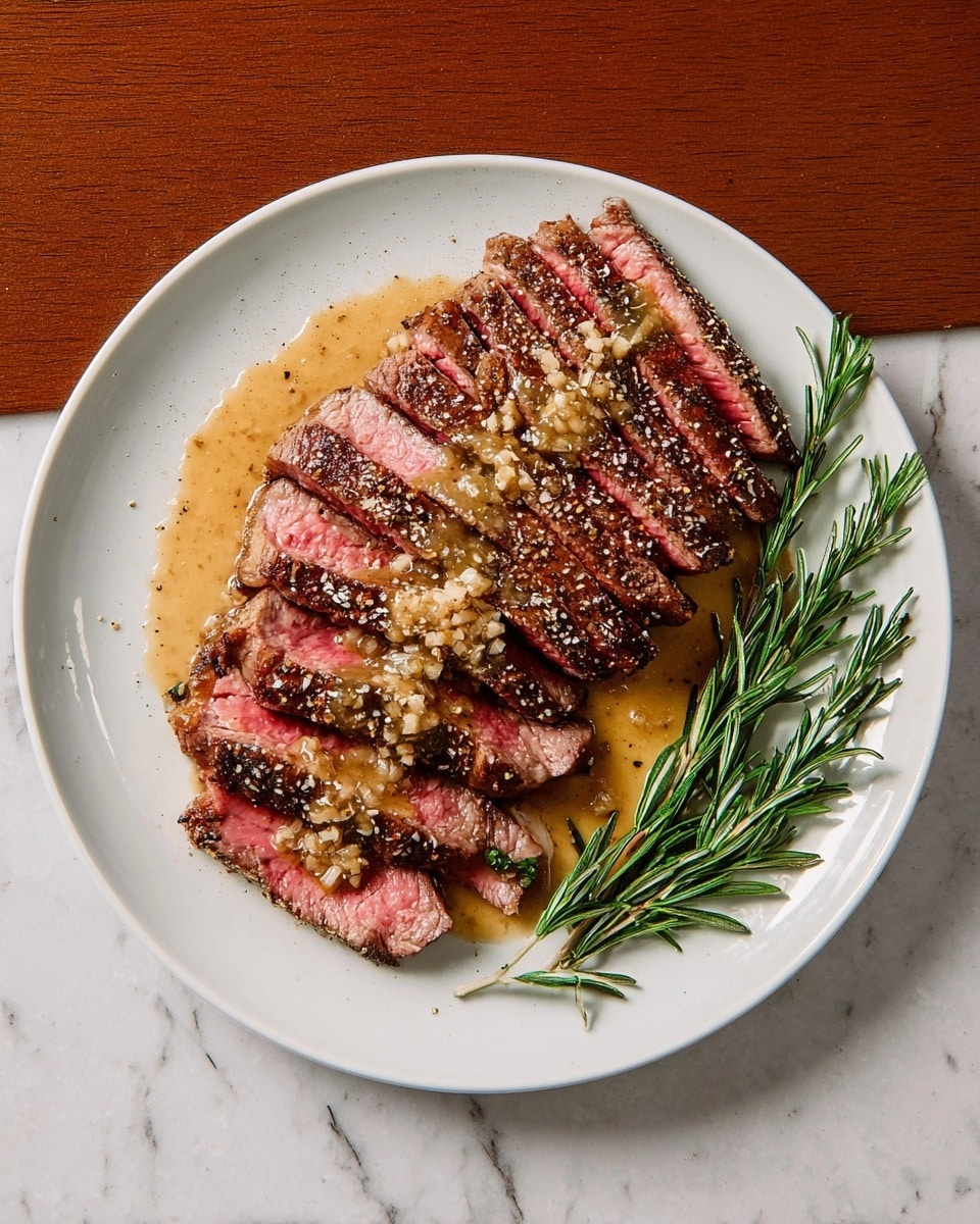A white round plate holds eight slices of medium-rare steak arranged in a fan shape, each slice showing a pink center with brown edges, topped with a light brown sauce that has small bits of seasoning and onion. To the right side of the plate, two sprigs of fresh green rosemary lay next to the steak. The plate sits on a white marbled surface. Photo taken with an iphone --ar 4:5 --v 7