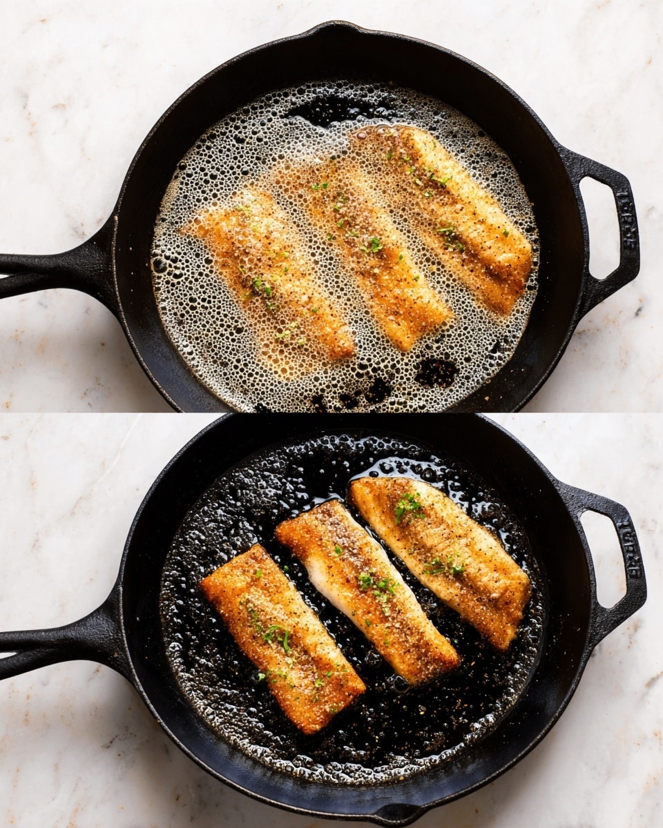 The image shows a black cast iron pan on a white marbled surface, first filled with foamy melted butter bubbling across the pan's bottom, and then with three golden-brown cooked fish fillets, two whole and one sliced into three pieces, sprinkled with small green herb leaves and bits of seasoning in the butter. The cast iron pan has a long handle and a small helper handle with an opening in the middle. photo taken with an iphone --ar 4:5 --v 7