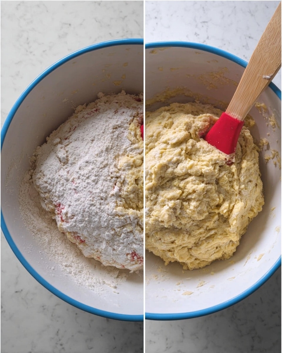 The image shows two side-by-side views of a white bowl with a blue rim, placed on a white marbled surface. Inside the bowl, there is a thick, yellowish dough mixed with white flour on top. A wooden spatula with a red silicone tip is partially inserted into the dough on the right side of each bowl. The left side shows the flour resting on the dough before mixing, while the right side shows the dough after the flour is partially stirred in, with a rough, uneven texture. photo taken with an iphone --ar 4:5 --v 7