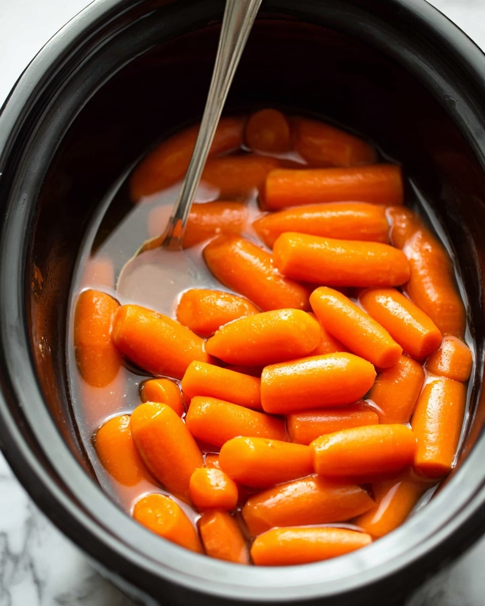 The image shows a black slow cooker filled with bright orange baby carrots that are shiny and sitting in a clear broth. A silver spoon is inside the slow cooker, resting among the carrots. The slow cooker’s rim is shiny black, and the background is a white marbled texture. The photo is close-up and well-lit, showing the smooth texture and glossy look of the carrots. photo taken with an iphone --ar 4:5 --v 7