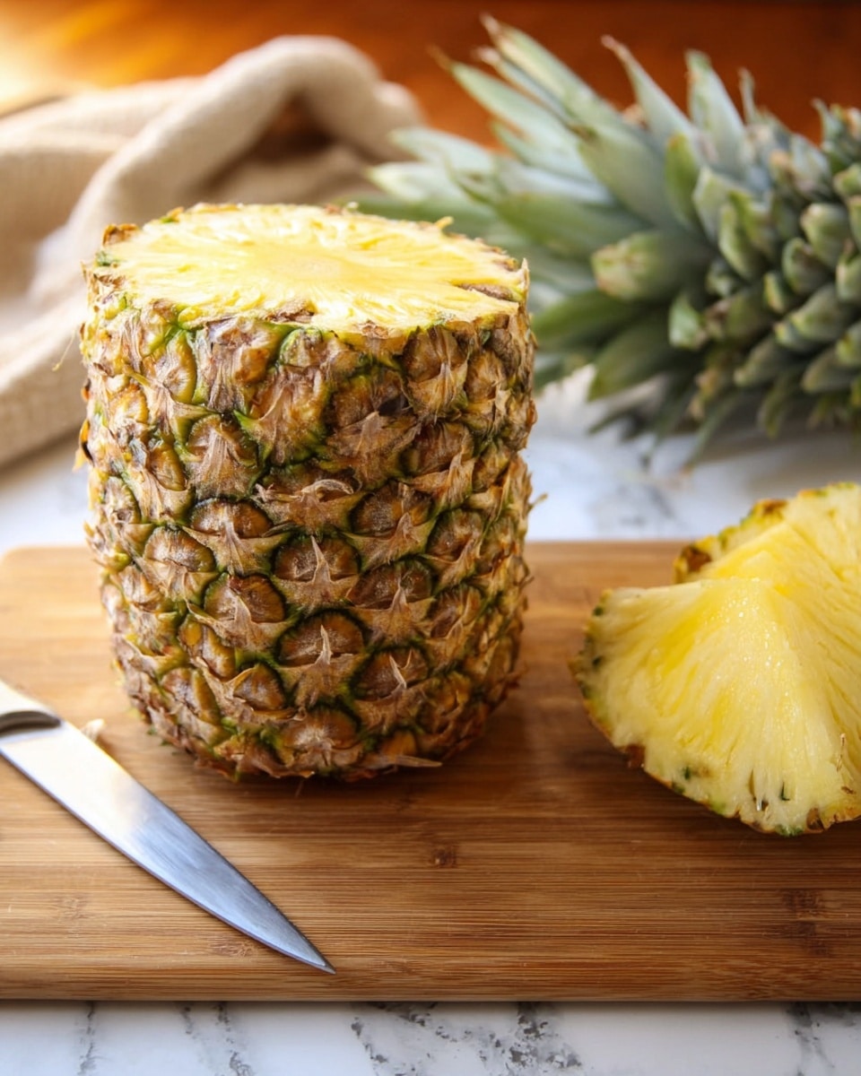 A close-up of a whole pineapple without the leafy top, laying on a wooden board, with a silver knife placed in front of it. The leafy top is cut off and placed to the right side of the pineapple, showing the fresh yellow inside of the pineapple crown. The background is softly blurred with warm tones, and the surface beneath the cutting board is white marbled texture. photo taken with an iphone --ar 4:5 --v 7