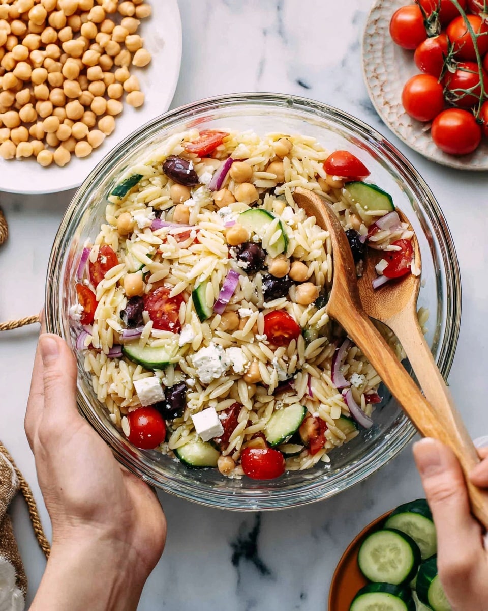 A clear glass bowl filled with a colorful orzo salad is being mixed using two wooden spoons held by a woman's hand on either side. The salad has one main layer consisting of small pasta grains mixed with chickpeas, halved red cherry tomatoes, cucumber slices, black olives, cubes of white cheese, and thin strips of red onion, creating a mix of beige, beige-brown, red, green, black, white, and purple colors. To the left, a white plate holds more chickpeas, and on the right side, a white marbled surface shows a small white plate with cucumber slices and cherry tomatoes with green stems still attached. The overall scene is bright and fresh, photo taken with an iphone --ar 4:5 --v 7