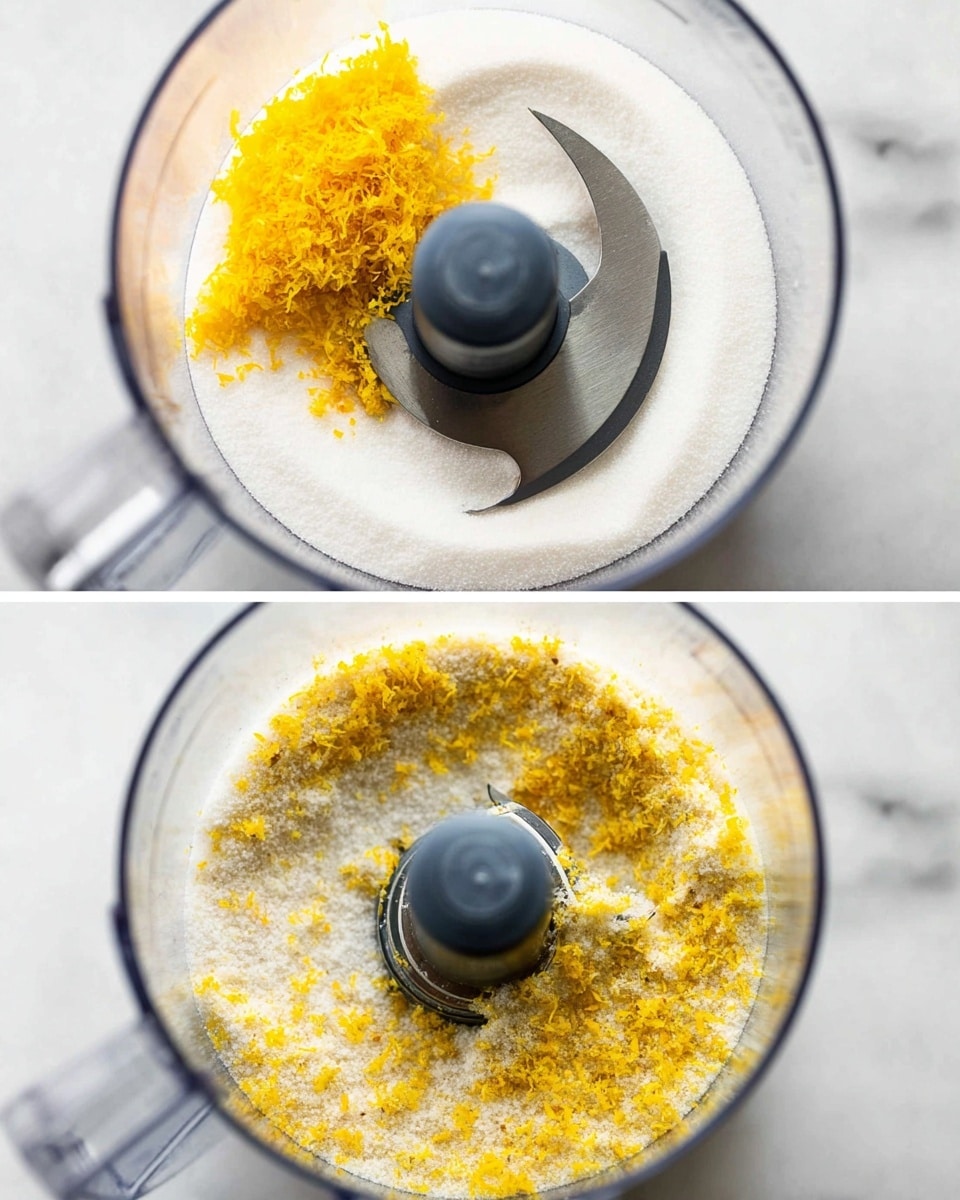 Two close-up photos show the inside of a clear food processor bowl with a sharp silver blade in the center. In the first photo, there is one layer of white granulated sugar covering the bottom, with a pile of bright yellow lemon zest on the left side. In the second photo, the sugar and lemon zest are mixed together, creating a sparkling light yellow and white textured layer. Both food processor bowls sit on a white marbled surface. Photo taken with an iphone --ar 4:5 --v 7