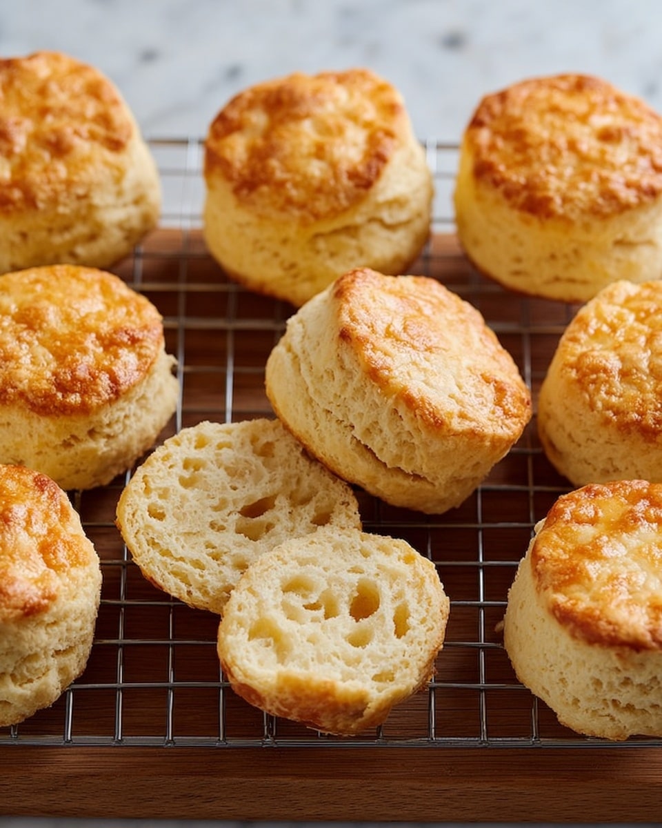 The image shows several golden brown biscuits arranged on a cooling rack placed over a wooden board. Each biscuit is round with a slightly rough textured top that glistens with a light shine. One biscuit is cut open and laid flat to show its soft, airy, and pale inside with small holes. The biscuits have a crumbly and flaky texture with layers visible on the split biscuit. The background surface is a white marbled texture. photo taken with an iphone --ar 4:5 --v 7