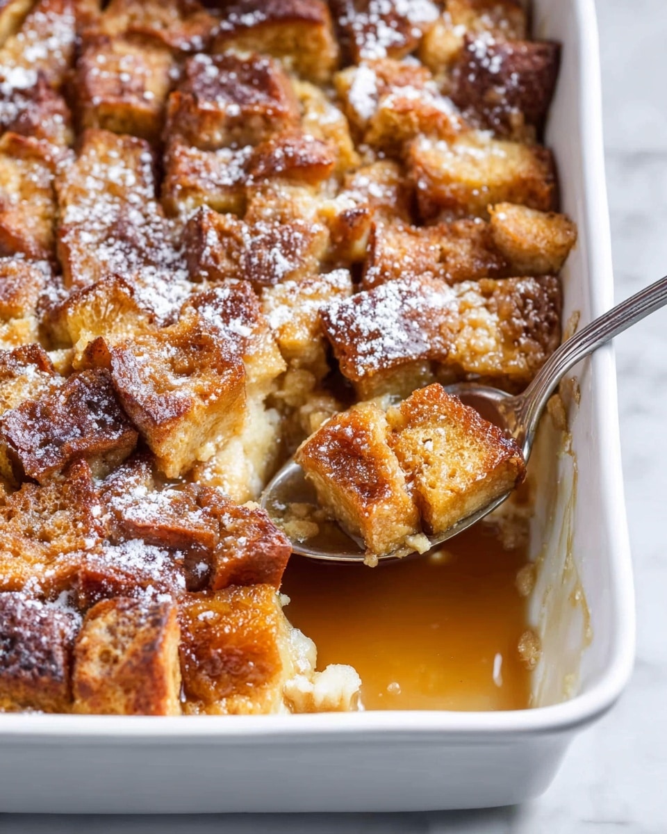 The image shows a close-up of a white rectangular dish filled with bread pudding. The pudding is made of many cubed pieces of toasted bread, which are golden brown and slightly darker on the edges. The top layer is sprinkled with powdered sugar, adding a light white dusting over the warm bread cubes. Beneath the top, the inside looks soft and moist with a creamy texture, soaked in a caramel-colored sauce that pools at the bottom of the dish. A silver spoon is scooping a portion from the front, revealing the layers of bread soaked in the syrupy sauce. The dish sits on a white marbled surface. photo taken with an iphone --ar 4:5 --v 7
