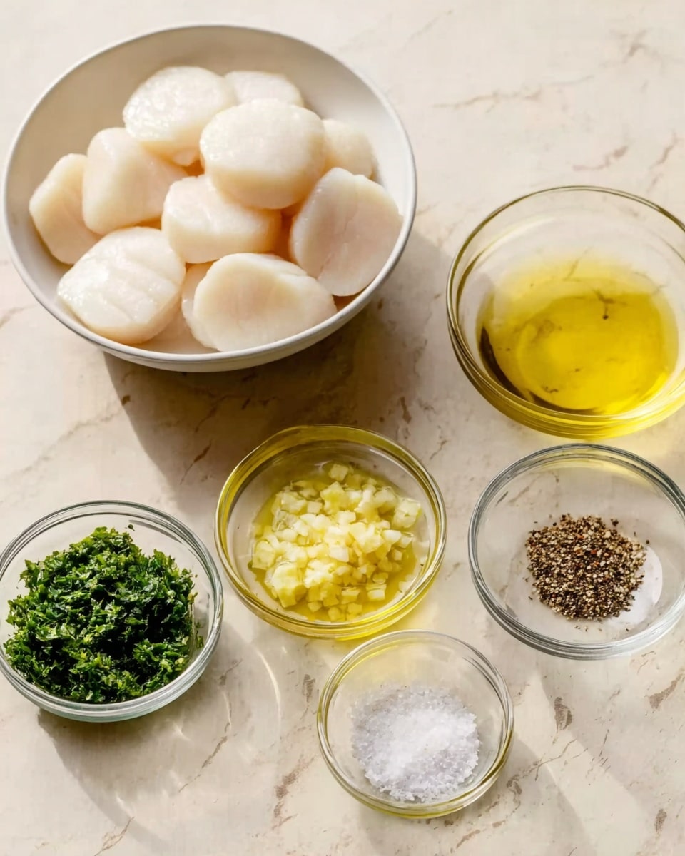 The image shows a white bowl filled with creamy white scallops stacked loosely. Below it are six small clear glass bowls arranged on a light beige surface, each containing different ingredients: minced green parsley, yellow minced garlic, pale yellow lemon juice, golden olive oil, a mix of black and white ground pepper, and coarse white salt. Everything is arranged neatly, with soft natural lighting. The background has a white marbled texture. photo taken with an iphone --ar 4:5 --v 7