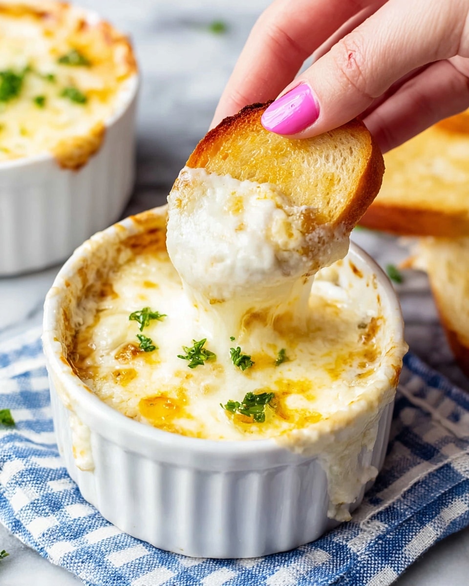 A white bowl with two cooked eggs covered in a thick white sauce with black pepper specks and small green parsley leaves on top; one egg yolk is broken, spreading bright yellow color over the sauce. A golden brown toasted slice of bread is placed inside the bowl, resting on the eggs and sauce. The bowl sits on a white marbled surface with a blue and white striped cloth underneath, and an extra toasted bread slice is placed beside the bowl on the right. A metal fork with a white handle is partially visible near the top left corner of the image. photo taken with an iphone --ar 4:5 --v 7