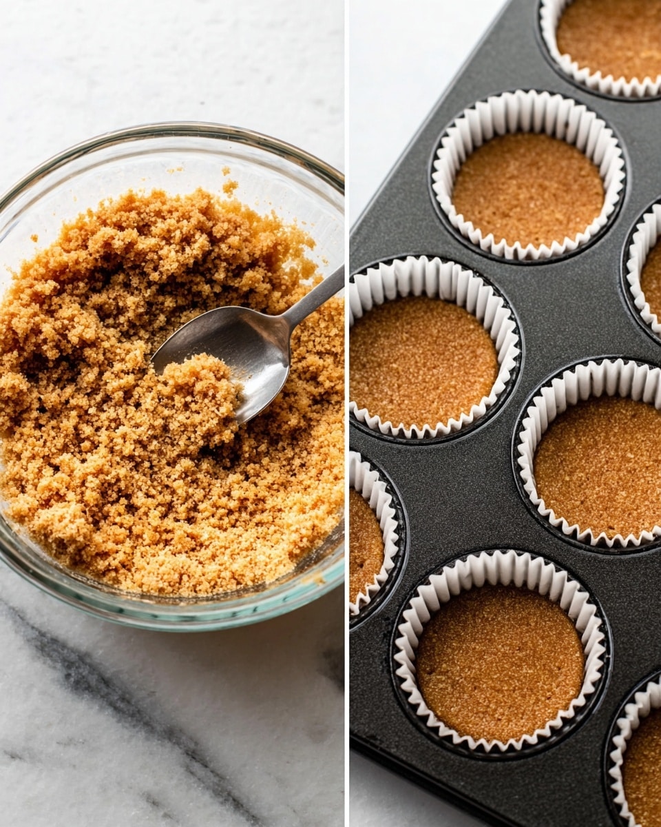 The image shows two side-by-side photos: on the left, a clear glass bowl filled with a crumbly, light brown mixture resembling crushed biscuits or graham cracker crumbs, with a silver spoon resting inside; the mixture has a coarse, grainy texture. On the right, a dark muffin tray lined with white paper liners holds the same mixture pressed evenly into the bottom of each cup, forming a flat brown base with a slightly rough surface. The setting is on a white marbled surface, giving a clean and bright look to the scene. Photo taken with an iphone --ar 4:5 --v 7