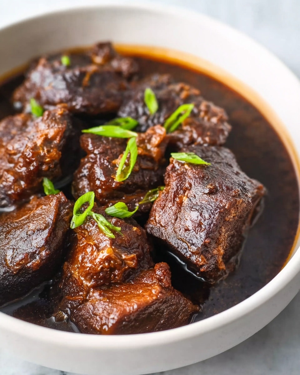 The image shows a white bowl filled with several chunks of dark brown cooked meat sitting in a glossy, thick, dark brown sauce. The meat pieces are textured with a slightly crispy outer layer and tender inside visible on some chunks. Small, bright green sliced garnishes, likely scallions, are scattered on top of the meat, adding a fresh color contrast. The bowl rests on a white marbled surface. photo taken with an iphone --ar 4:5 --v 7
