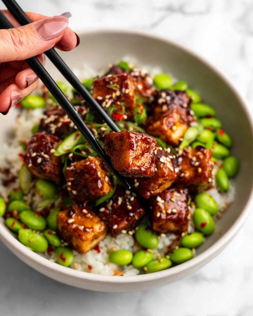 A white bowl holds a dish with a base layer of white rice, topped with bright green edamame beans scattered evenly. Above this, there are multiple dark brown, shiny, grilled tofu cubes coated with a sauce and sprinkled with white sesame seeds and red chili flakes. A pair of black chopsticks held by a woman's hand picks up one tofu cube. The background is a white marbled texture. Photo taken with an iphone --ar 4:5 --v 7