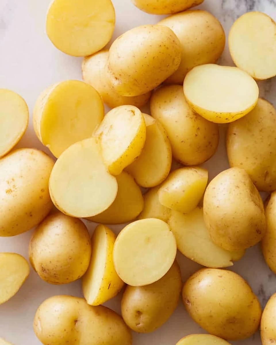 The image shows many small yellow potatoes, some whole and some cut in half, scattered closely together. The potatoes have smooth, pale yellow skin, and the inside is a light cream color with a soft, starchy texture visible. The lighting highlights their smooth surfaces and slight natural imperfections. The background is a white marbled texture that softly contrasts with the yellow potatoes. photo taken with an iphone --ar 4:5 --v 7