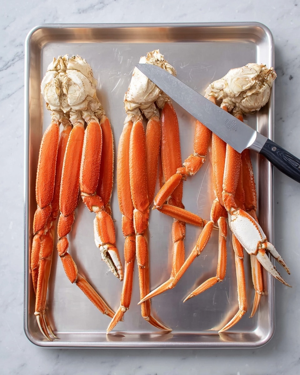 Three cooked crab clusters with bright orange shells and white claw joints lie side by side on a silver tray. The crabs have long, segmented legs with a slightly rough texture. A large kitchen knife with a silver blade and a black handle rests diagonally across the tray, partially covering the middle crab legs. The tray is placed on a white marbled surface. photo taken with an iphone --ar 4:5 --v 7