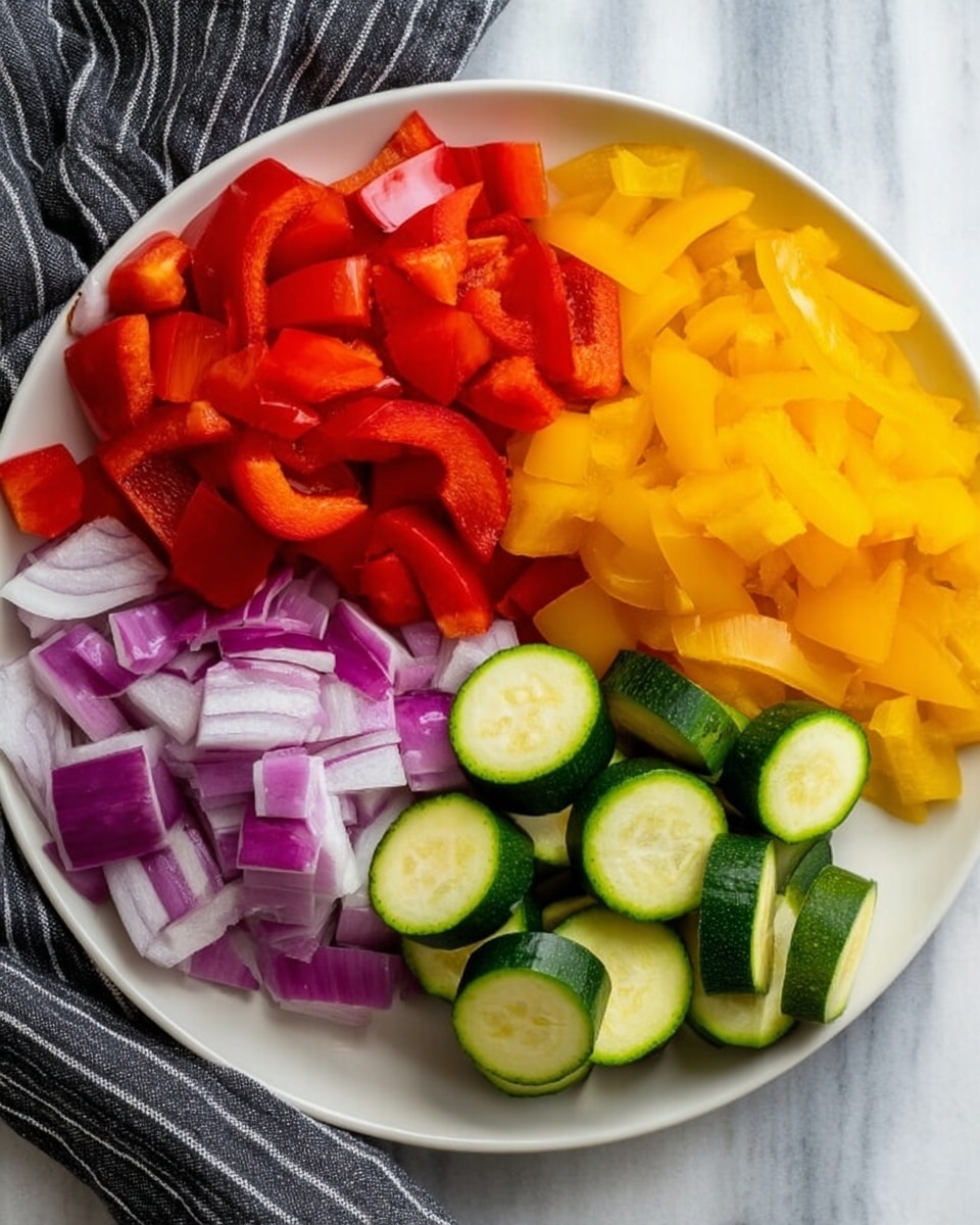 A white plate holds four groups of fresh chopped vegetables arranged side by side: bright red bell pepper pieces on the top left, purple chopped onions on the top right, yellow bell pepper pieces on the bottom left, and round sliced green zucchini stacked on the bottom right. The plate sits on a white marbled surface with a dark striped cloth partially visible in the background. The vegetables look fresh and neatly cut, showing clear, vibrant colors and smooth textures. Photo taken with an iphone --ar 4:5 --v 7