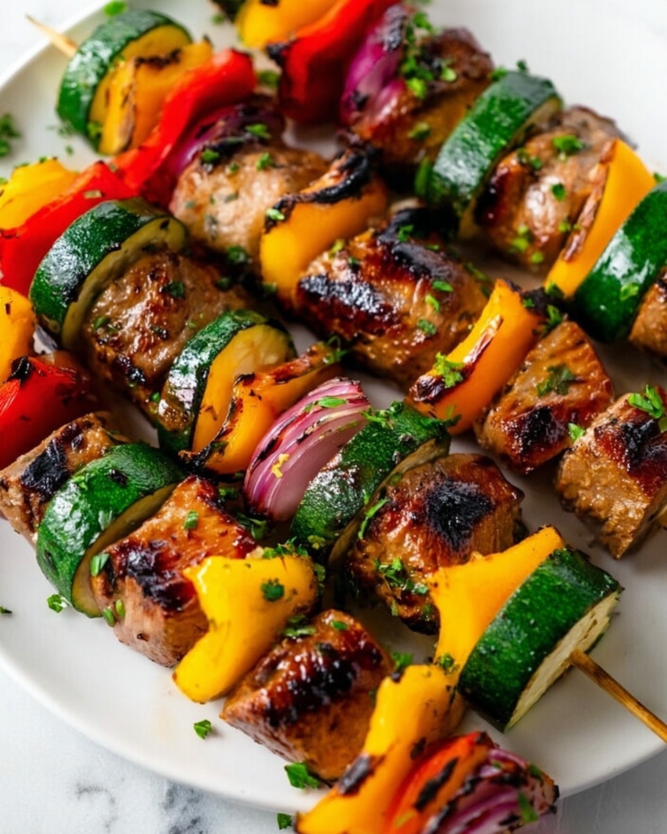 The image shows several grilled skewers arranged closely on a white plate. Each skewer has multiple layers starting with browned, slightly charred chunks of meat that look juicy and tender. Between the meat pieces, there are slices of bright green zucchini, vibrant red bell peppers, yellow bell peppers, and slightly translucent purple onion wedges. The vegetables and meat alternate evenly throughout the skewer. Some small green herb bits are sprinkled lightly over the food, adding freshness. The plate sits on a white marbled surface. photo taken with an iphone --ar 4:5 --v 7
