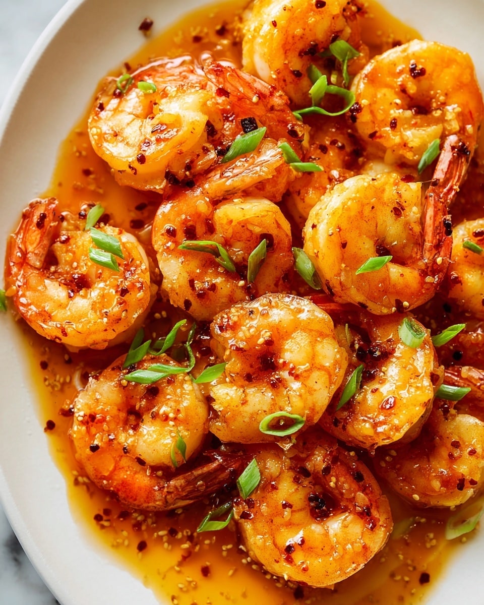 A white plate filled with about 15 bright orange cooked shrimp arranged closely together, each shrimp glossy with a thick shiny orange sauce that pools around the base. Small green sliced scallions are scattered evenly on top for color contrast. The shrimp have a soft texture with slight char marks visible, adding a bit of brown color on some edges. The background is a white marbled surface. photo taken with an iphone --ar 4:5 --v 7
