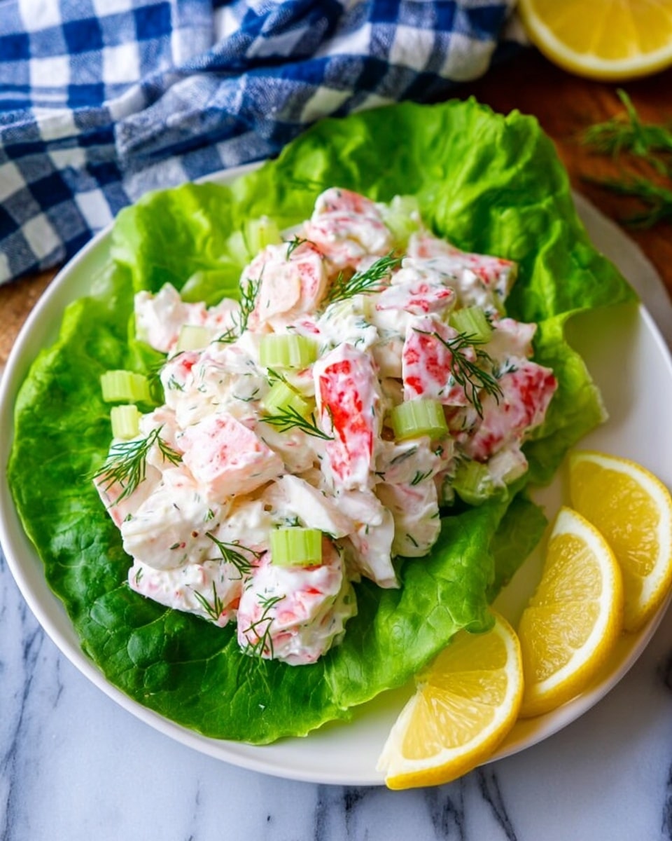 This image shows a white plate with large green lettuce leaves as the base layer. On top, there is a creamy white salad mixed with light pink and white pieces that have a smooth texture, resembling crab sticks or surimi. Diced green celery bits are scattered within the salad, adding small chunks of freshness. Small green herb bits, likely dill, are sprinkled over the salad for a touch of color and texture. On the right side of the plate, there are three bright yellow lemon wedges. In the background, a white marbled surface is visible under the plate, and a blue and white checkered cloth is partially visible. Photo taken with an iphone --ar 4:5 --v 7