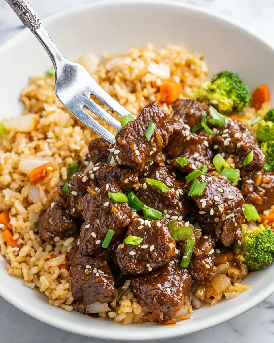 A close-up image shows a wooden spoon holding several pieces of brown meat covered in a shiny, thick sauce. The meat looks tender and is topped with white sesame seeds and chopped green spring onions. Below the spoon, more meat in the same sauce is visible inside a black pot, with more sesame seeds and green onions scattered on top. The background is a white marbled texture. photo taken with an iphone --ar 4:5 --v 7
