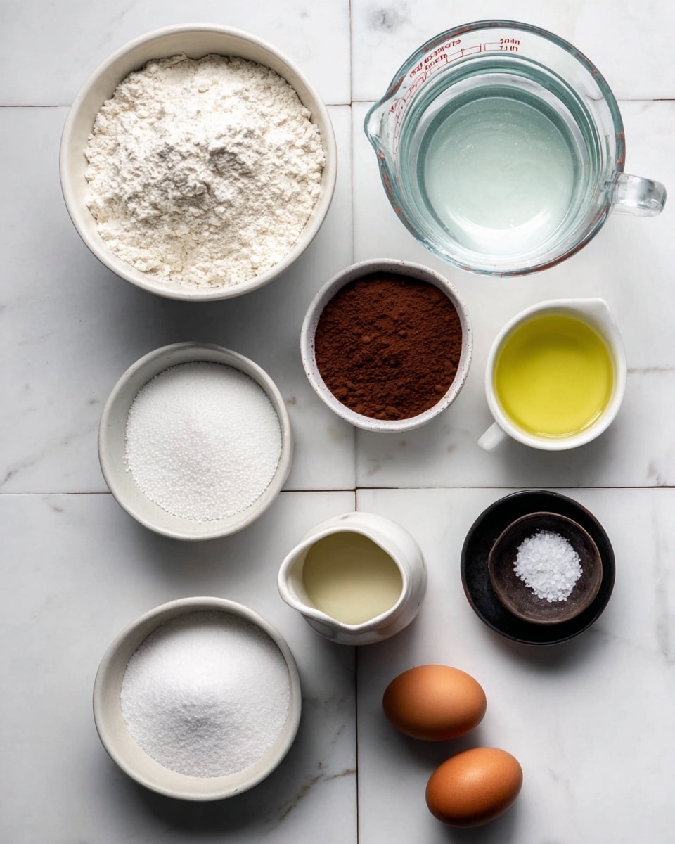 The image shows a flat lay of several white bowls and containers with different baking ingredients arranged neatly on a white marbled surface. At the top center is a medium white bowl filled with white flour, and to its right is a clear glass measuring cup filled with water. Below the flour bowl, slightly to the left, is a smaller white bowl containing cocoa powder. To the right of the cocoa powder is a small white bowl with light yellow oil. Below the cocoa powder is a large white bowl holding white granulated sugar. Next to the sugar bowl on the right is a small white pitcher with a beige liquid inside. In front of the pitcher, there is a small dark bottle filled with vanilla extract. Finally, at the bottom right corner, there are two brown eggs placed directly on the white marbled surface. There are also three small black dishes containing salt and baking powder scattered around the bowls. The setup is well organized and visually balanced. photo taken with an iphone --ar 4:5 --v 7