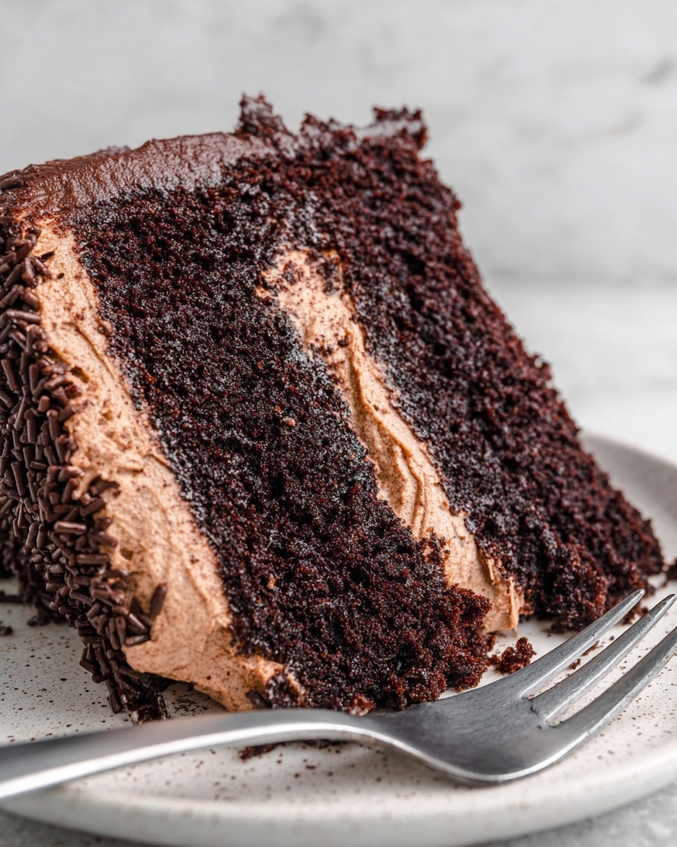 A close-up of a two-layer chocolate cake slice on a white speckled plate, placed on a white marbled surface. The cake has thick dark brown layers with a soft, moist texture and is filled and covered with smooth, slightly lighter brown chocolate frosting. Next to the cake slice, a silver fork holds a small bite of cake, showing the moist inside and creamy frosting. The photo taken with an iphone --ar 4:5 --v 7