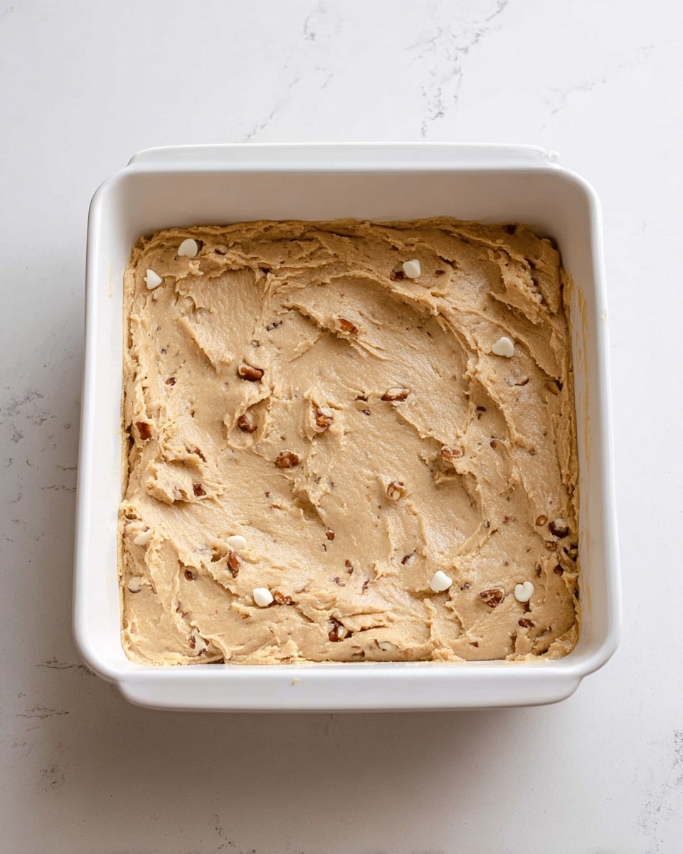 A square white baking dish is filled with one thick layer of light brown cookie dough with visible small white chips and darker nut pieces mixed throughout. The dough surface is roughly leveled but has soft swirling textures and small peaks from spreading. The dish sits on a white marbled surface, adding a clean and bright background contrast. The overall look is ready for baking, showing a rich, textured dough layer evenly spread inside the square dish photo taken with an iphone --ar 4:5 --v 7