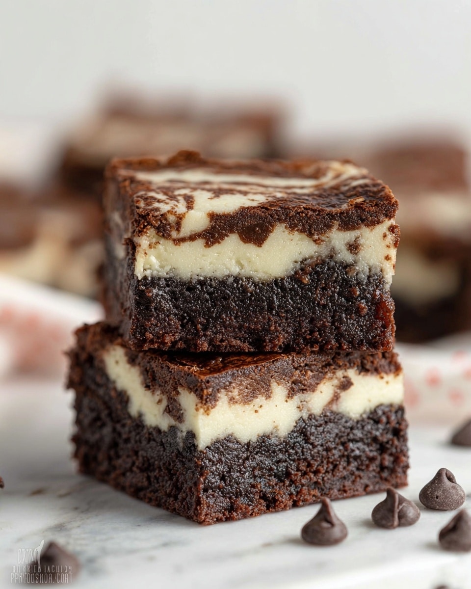 The image shows two thick square brownies stacked on top of each other, each with three clear layers: a dense dark brown bottom layer, a creamy white middle layer, and a textured dark brown top layer with swirls of white. The brownies have a moist, slightly crumbly texture with chocolate chips scattered around them on a white marbled surface. The background is soft and blurred, focusing attention on the detailed layers and textures of the brownies, photo taken with an iphone --ar 4:5 --v 7